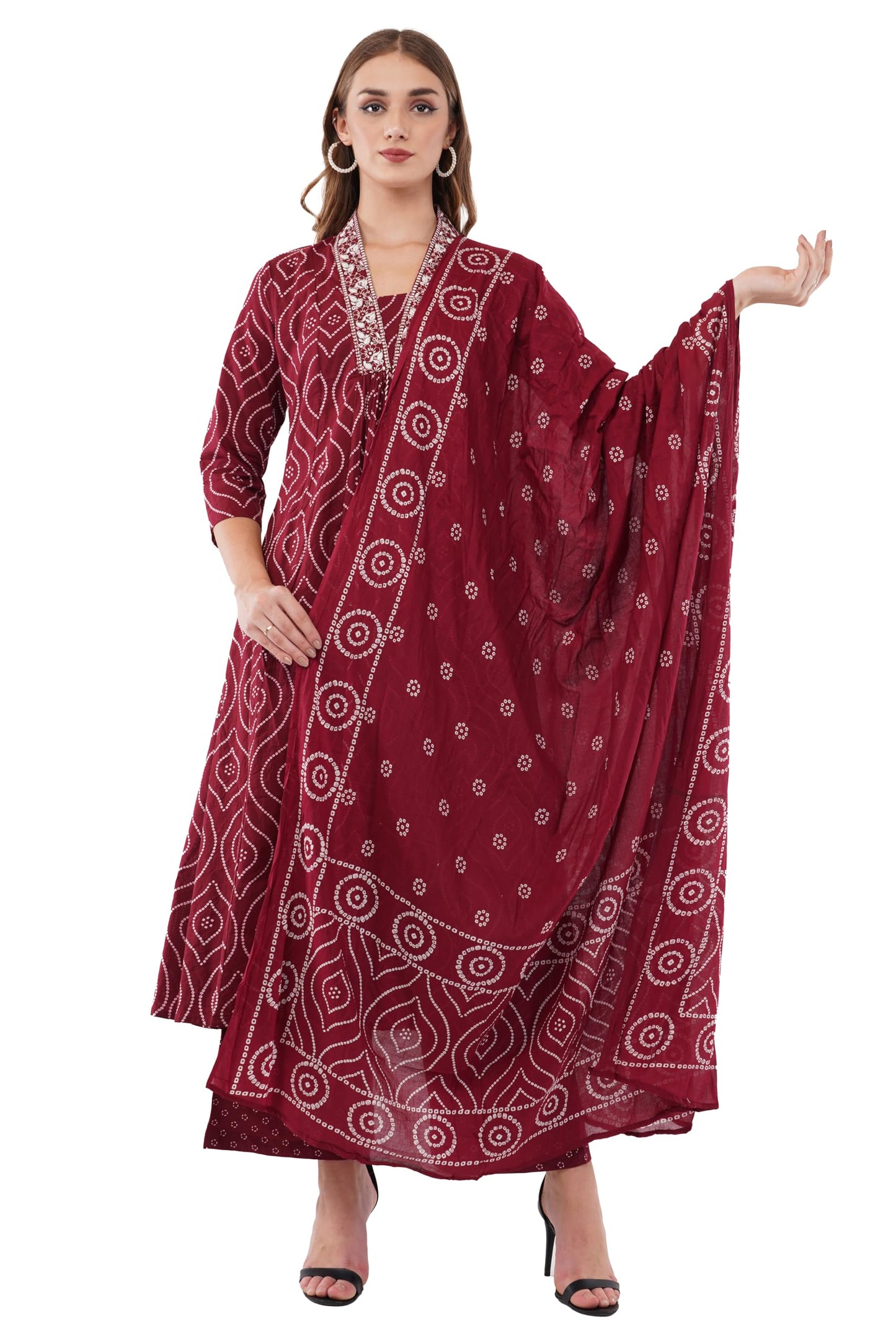 dhartii Maroon Anarkali Set for Women | Pure Cotton fabric for Seamless Comfort | Ethnic Printed Dress with Embroidered Neckline and Tassels | Elegant Cultural Wear with a Flowy Fit |