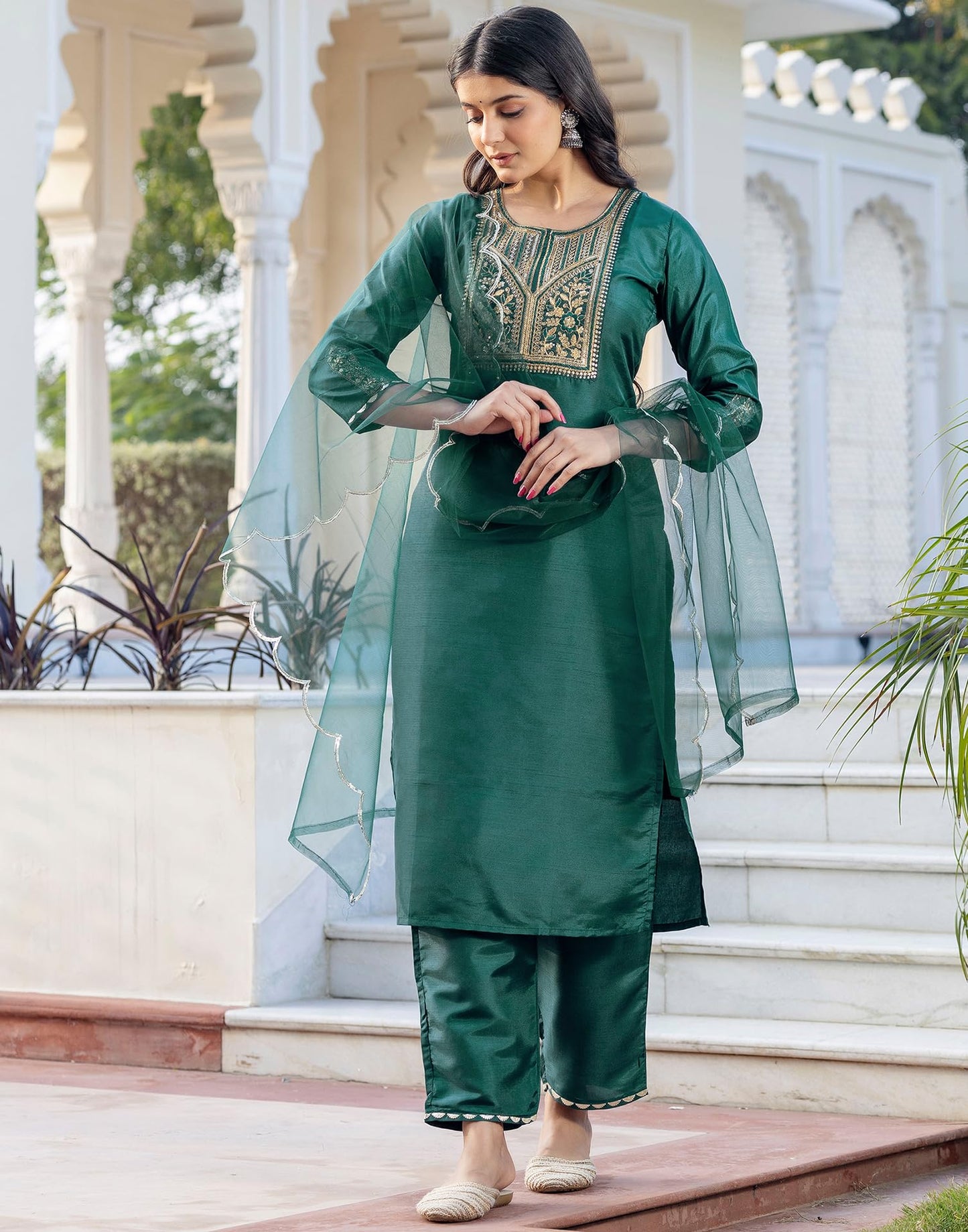 SIRIL Women's Rayon Kurta Set | Sequence Embroidery Straight Kurta with Pant & Dupatta| Kurta Sets for Woman (245KBD2584-S_Dark Green)