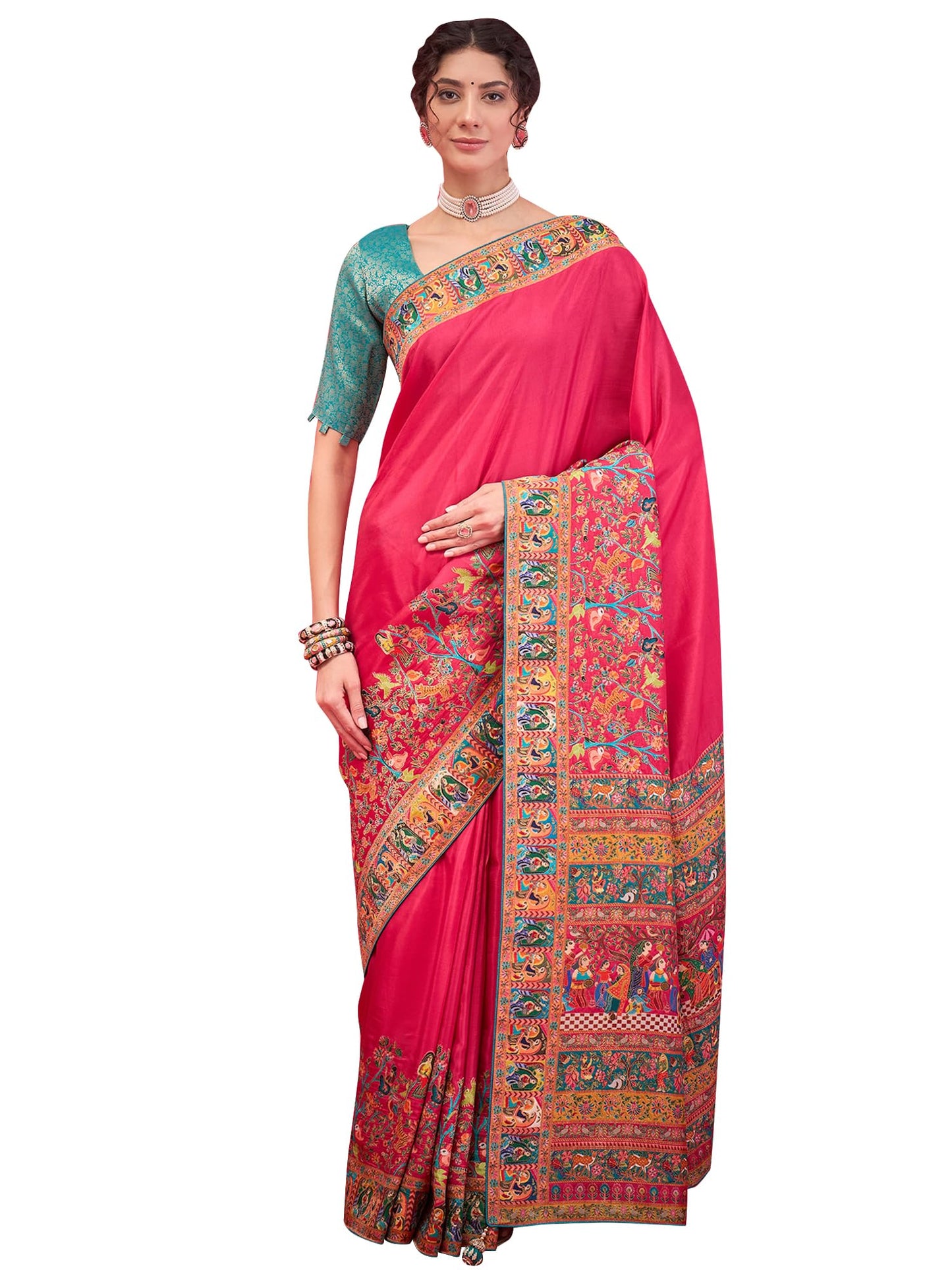 AKHILAM Women's Pink Viscose Silk Ethnic Motif Printed Saree With Unstitched Blouse Piece (MSTANI144A_HS)