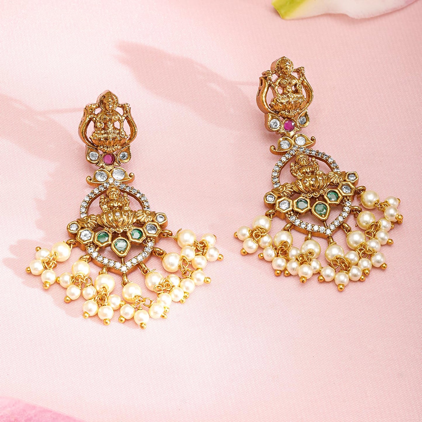 Rubans 22K Gold-Plated Temple Jewellery Set with Pink & Green Stones and Pearl Detailing