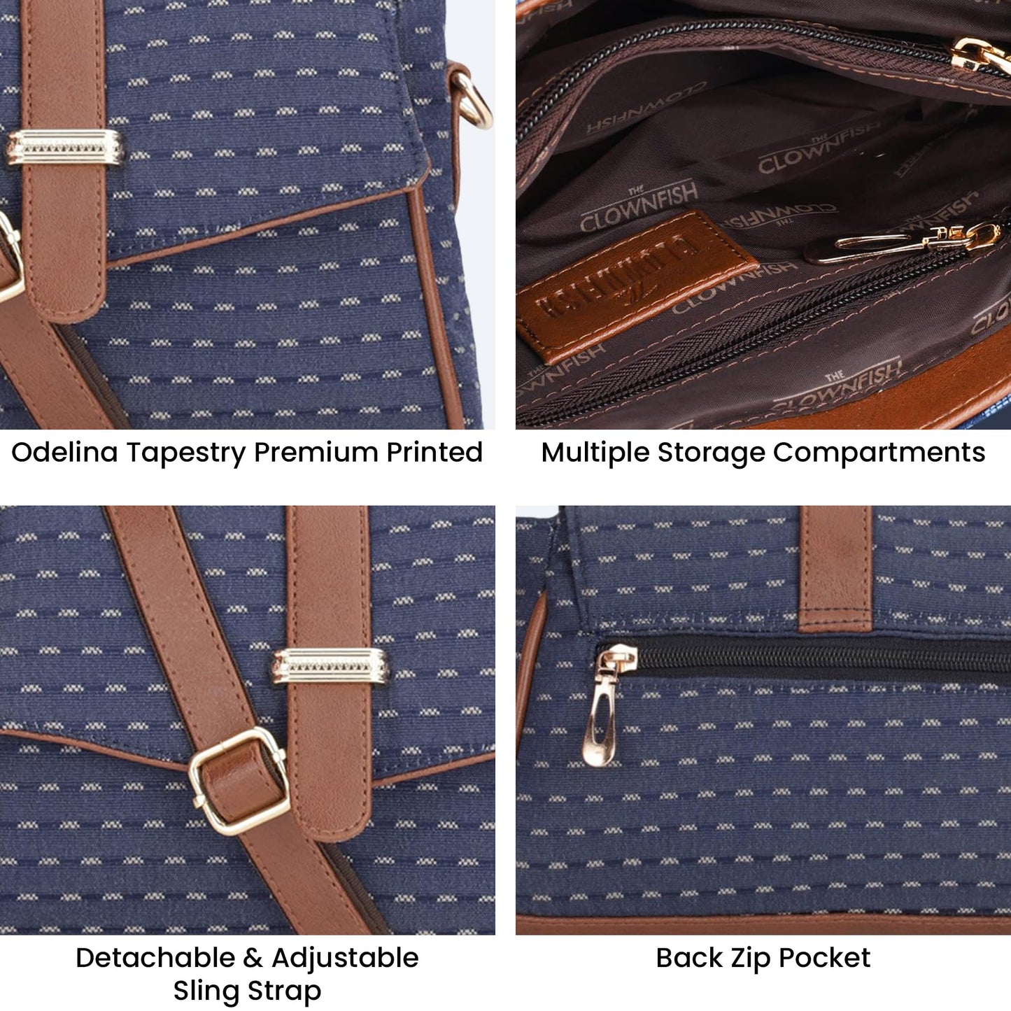 THE CLOWNFISH Odelina Series Printed Handicraft Fabric Handbag for Women Sling Bag Office Bag Ladies Shoulder Bag with Snap Flap Closure & Shoulder Belt Tote For Women (Dark Blue)