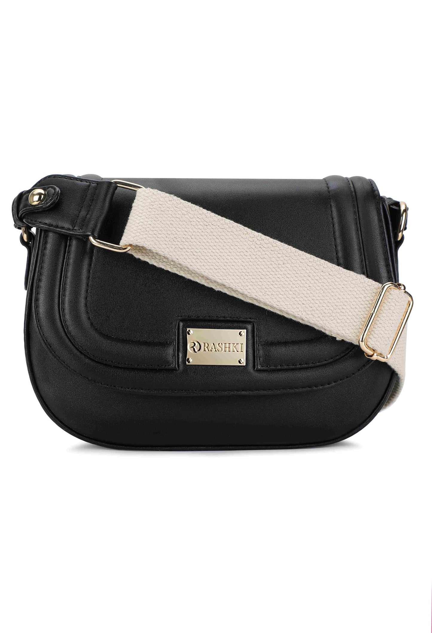 RASHKI ALYA- Womens Crossbody Vegan Leather Handbag | Spacious | Unique Shape | Party Purse | Magnetic Button Closure (Black)