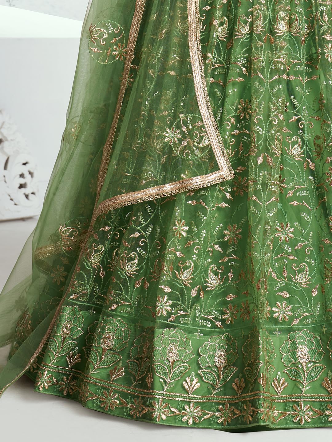 Zeel Clothing Women's Cotton Thread Sequins Work Embroidery Soft Net Readymade Lehenga Choli With Dupatta (Nfh-2205-Pista-Green-Women-Lehenga Choli Set Latest; Free Size)