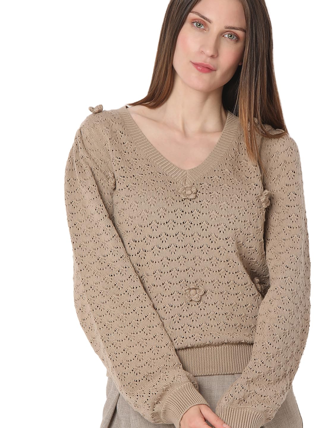 VERO MODA Women's Regular Fit Beige Sweater
