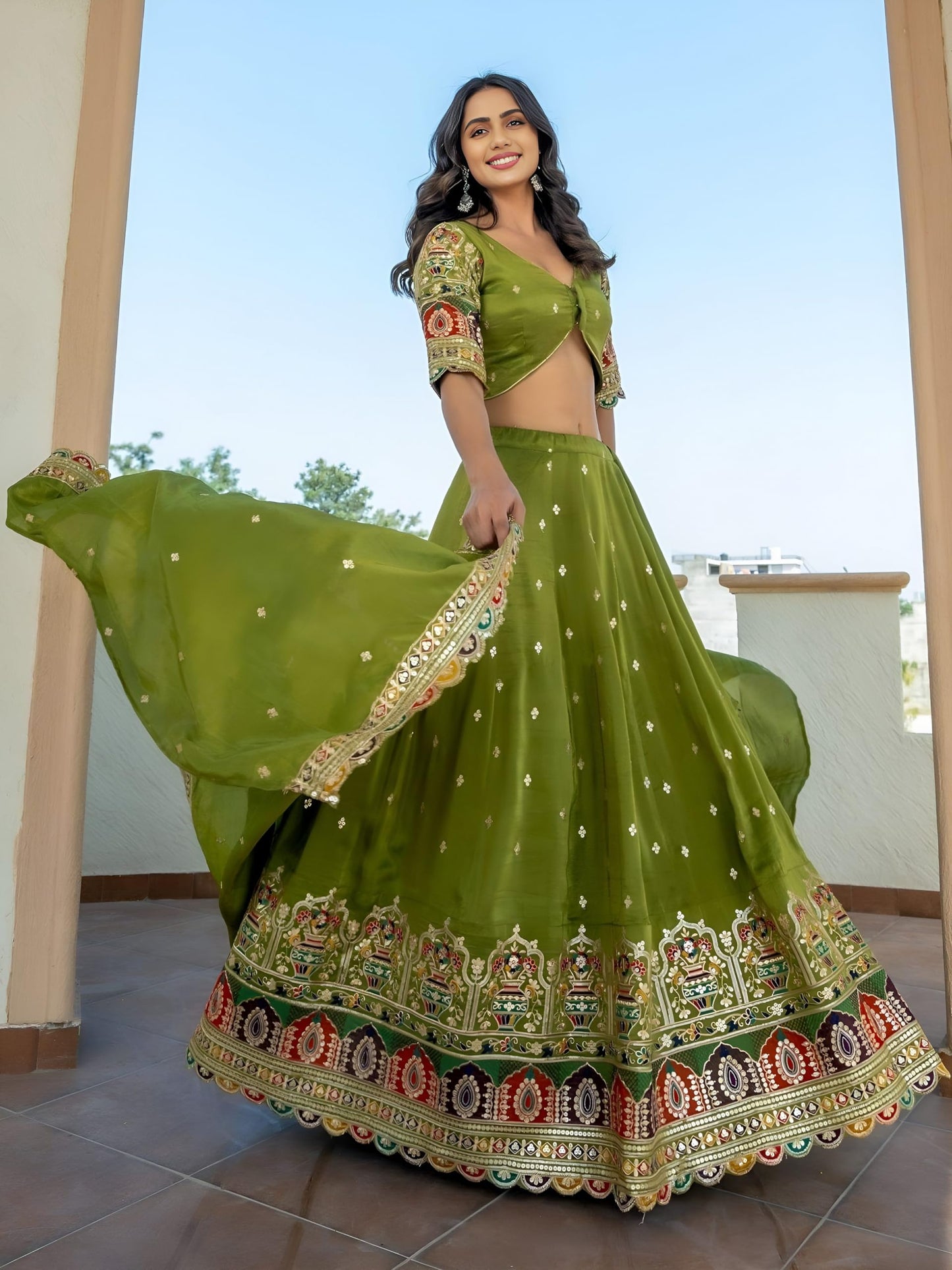Zeel Clothing Women's Sequins Thread Embroidered Cosmos Silk Lehenga Choli With Dupatta (5128-Women-Lehenga-Choli-Latest; Free size) (Green)