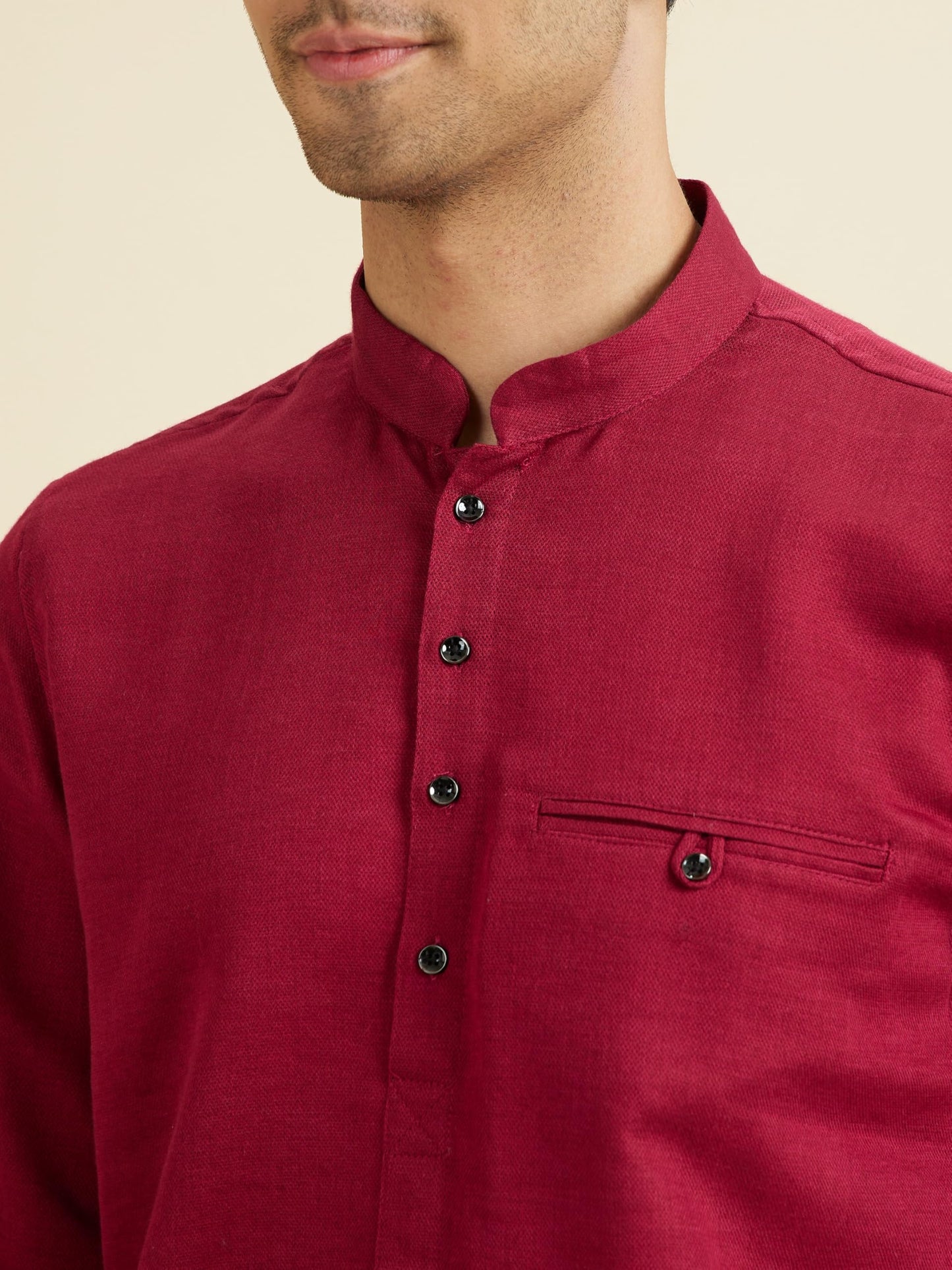 Manyavar Men's Cotton Bandhgala Collar Short Kurta(Maroon,XXL)