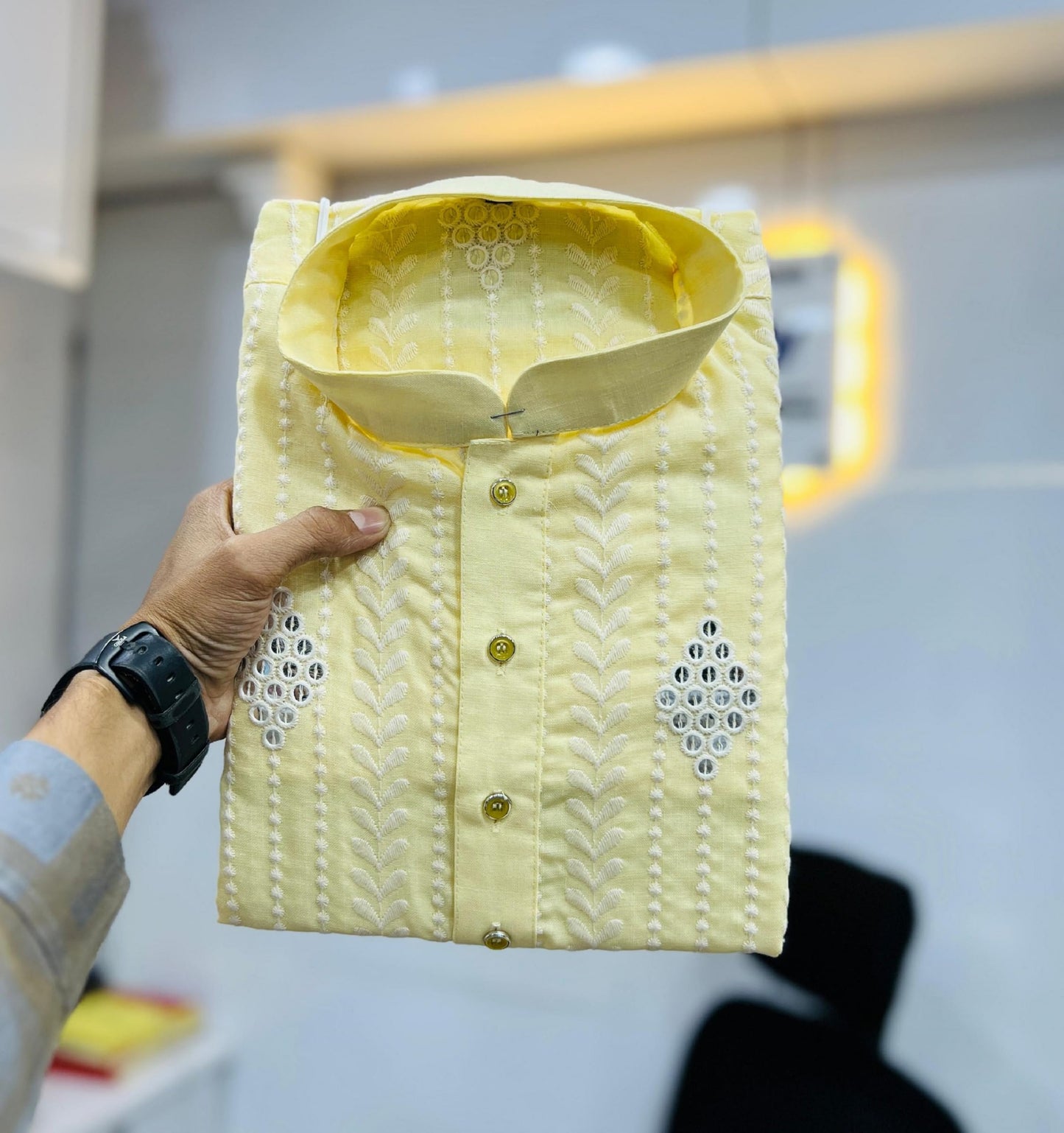 LAZZLY Men's Traditional Cotton Embroidery Mirror for Men Only Kurta (in, Alpha, M, Regular, MCC_Yellow)
