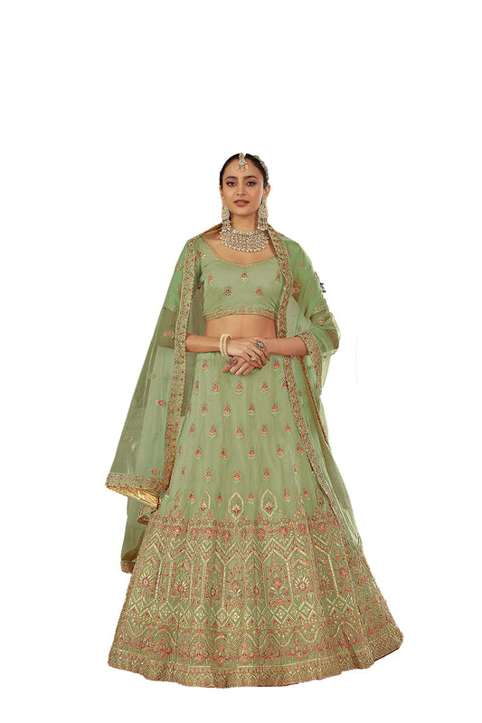 FUSIONIC Pista Color Zarkan And Thread Work Organza Base Lehenga Choli For Women