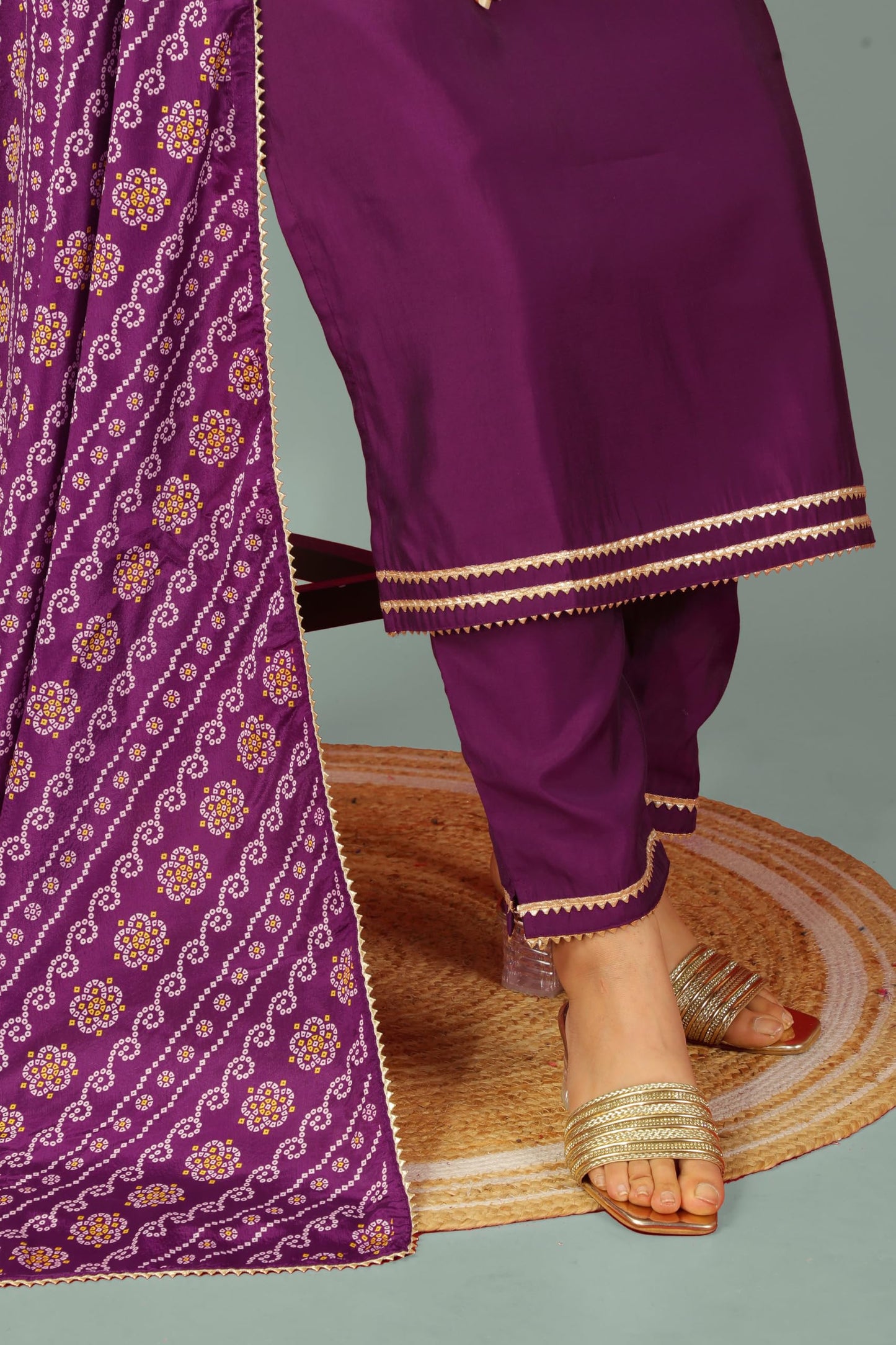 GALGOTO Women's Viscose Silk V Neck Embroidery Work Kurta with Bandhani Print Dupatta (in, Alpha, 2XL, Regular, Wine-1)