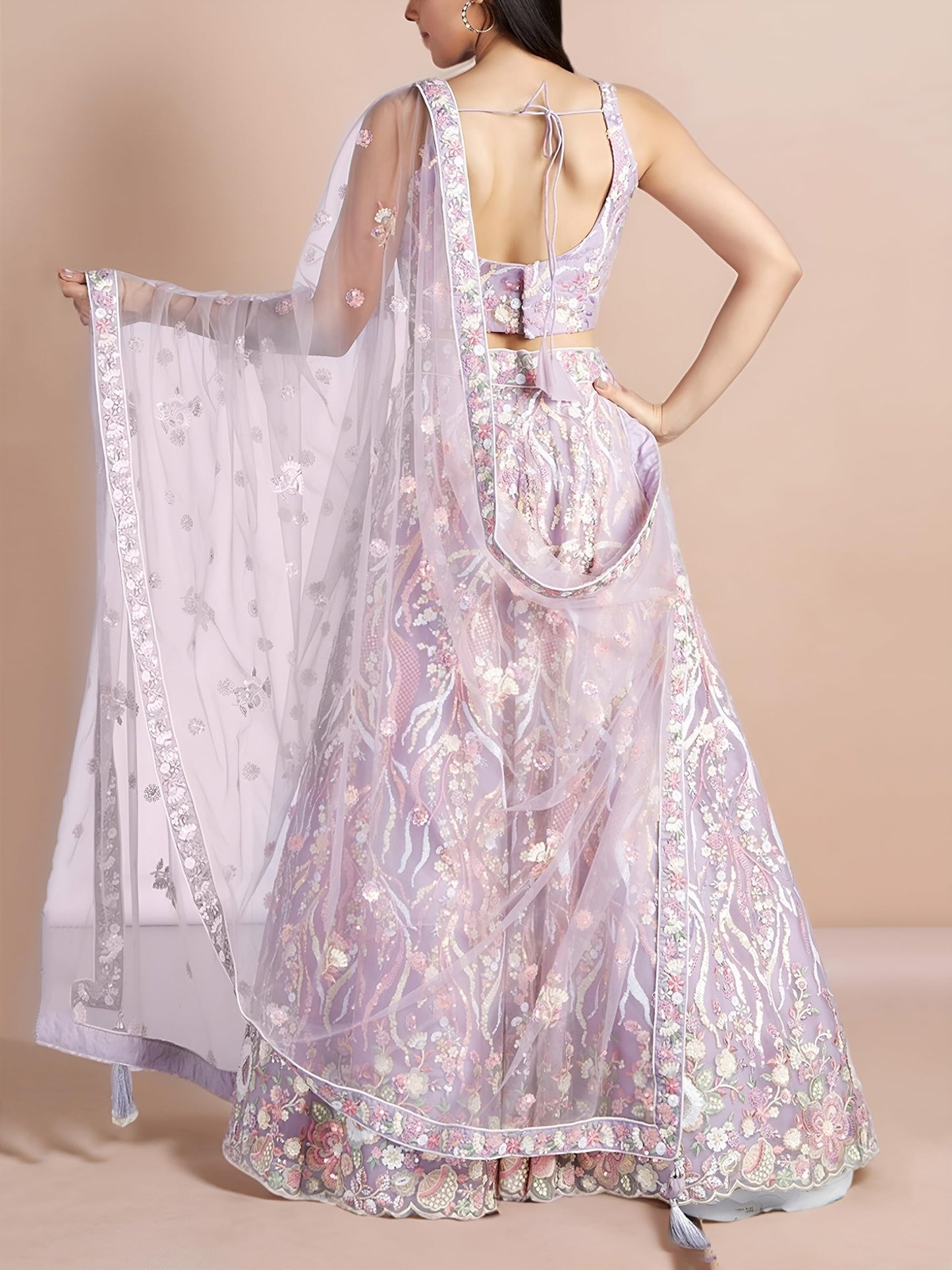Zeel Clothing Women's Sequins Embroidered Work Soft Net Designer Lehenga Choli With Dupatta (6033-Lavender-Wedding-Lehenga-Choli; Free Size)