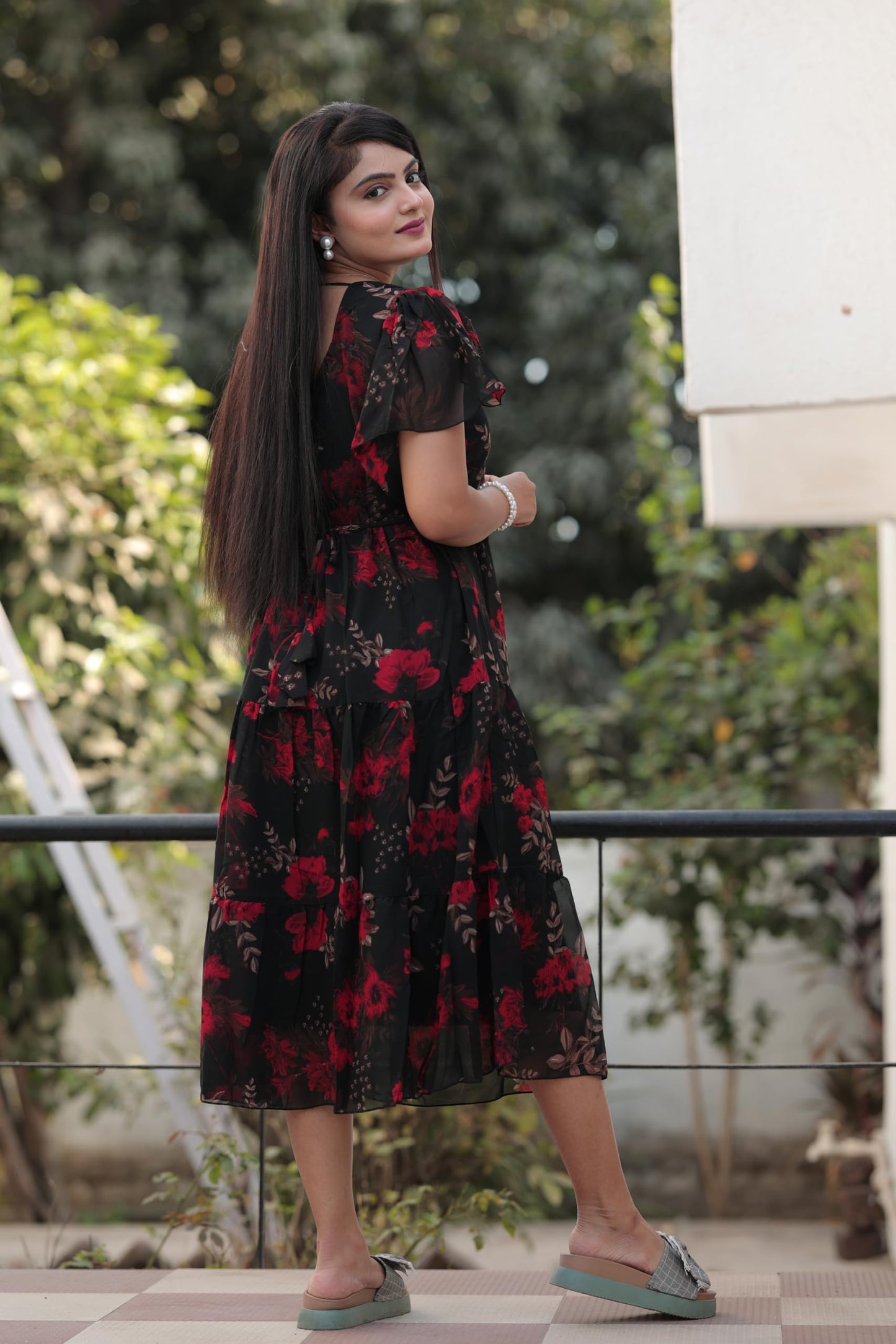 HOSI Georgette Fit and Flare Below The Knee One Piece Maxi Dresses Midi Dress for Women Black