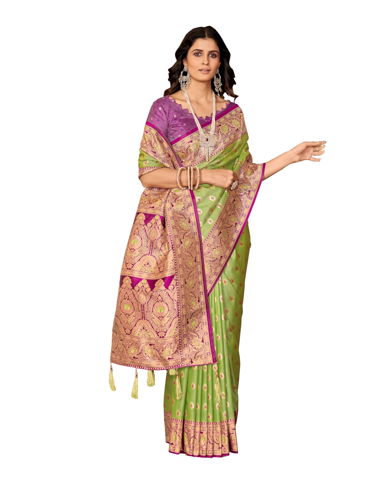 Mehrang Women Ethnic Saree, Silk Blend, Green With Pink Embroidery And Motifs, 6 Metres