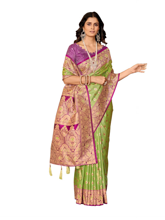 Mehrang Women Ethnic Saree, Silk Blend, Green With Pink Embroidery And Motifs, 6 Metres