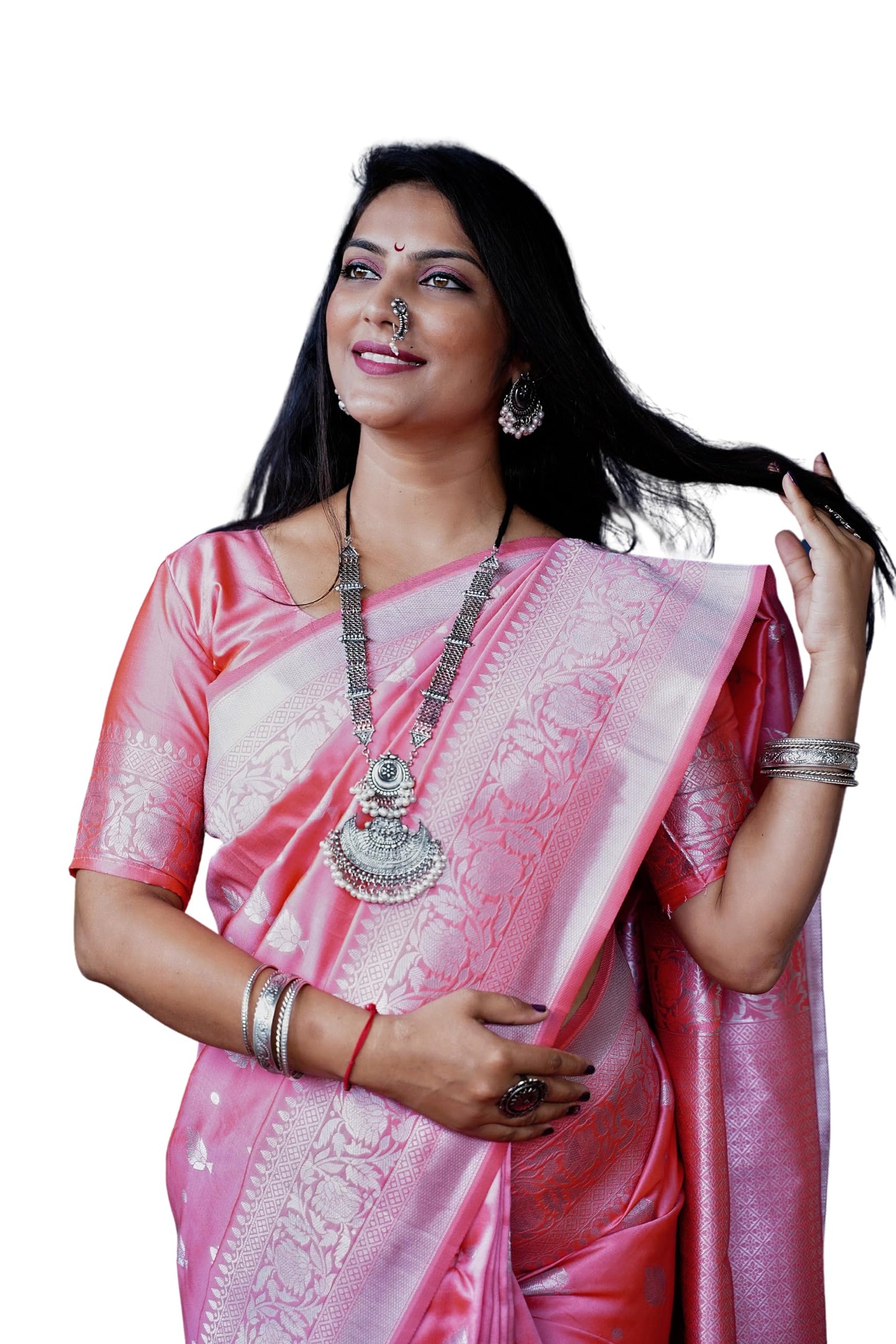 AMIRAT Women's Banarasi Silk Saree and Unstitched Blouse Piece with Heavy Floral Border Jacquard Woven Zari | Saree Blouse for Women | Peach