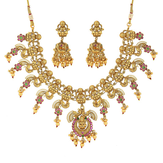 VOYLLA Faux Pearls and Kundan Adorned Brass Temple Jewellery Set