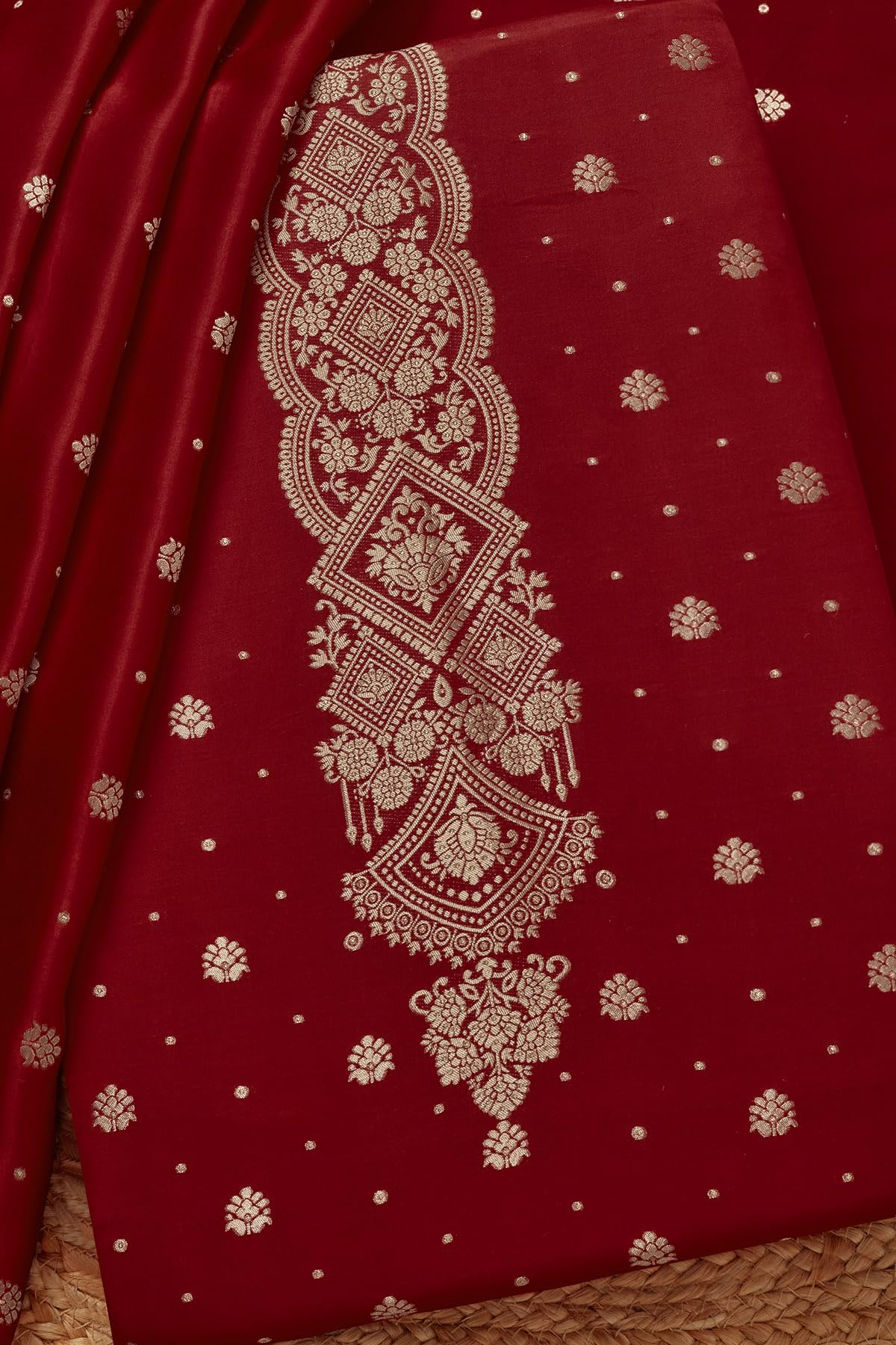 Soch Womens Red Gajji Silk Zari Woven Unstitch Dress Material With Zari Woven