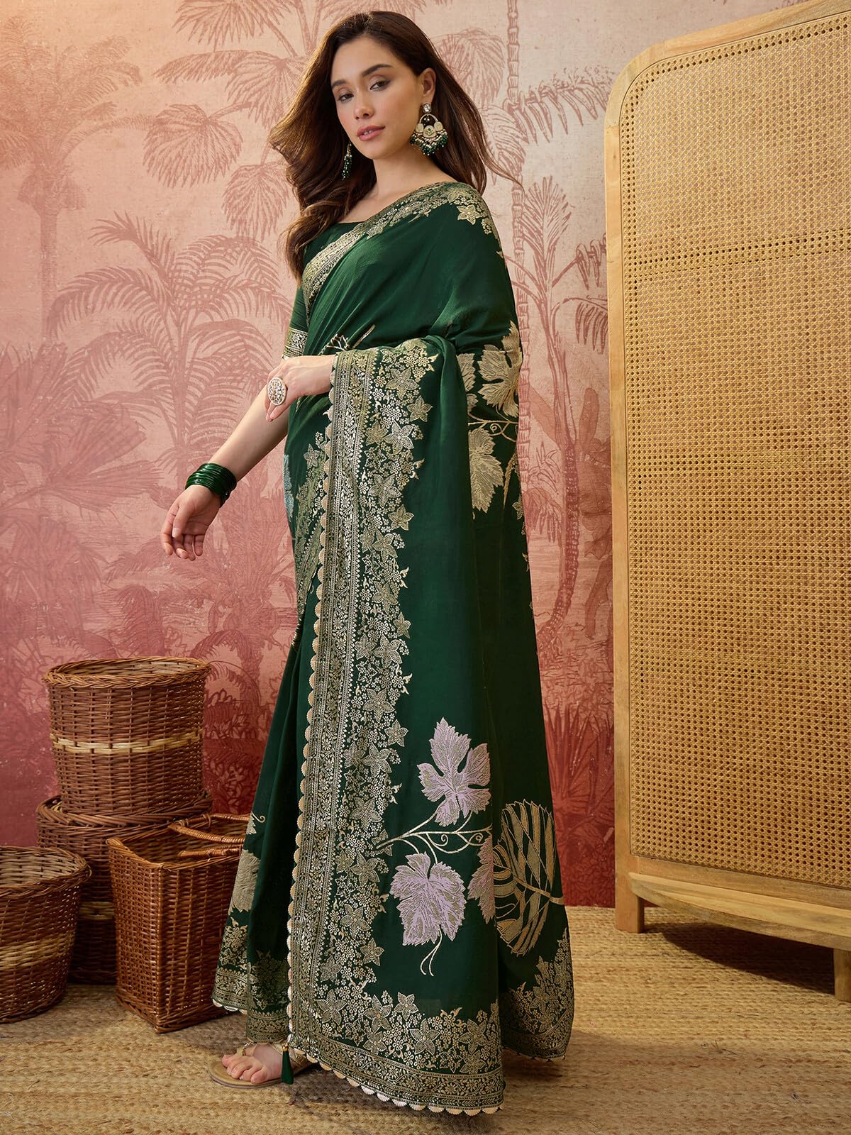 SIRIL Women's Silk Zari Jacquard Saree with Unstitched Blouse Piece (5314S102_Dark Green)