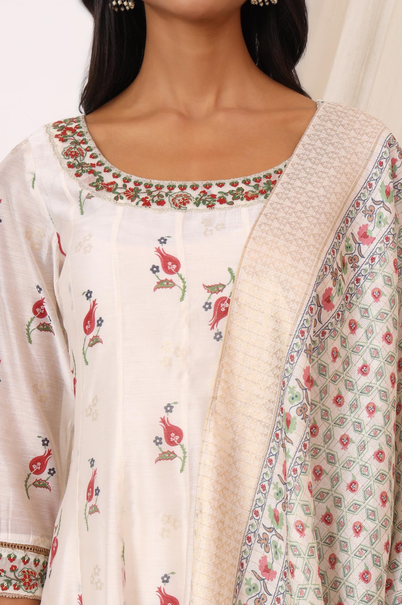 W for Woman White Floral Printed Chanderi Anarkali Kurta, Pants and Dupatta Set (Size: 2XL)-WS12119-124225