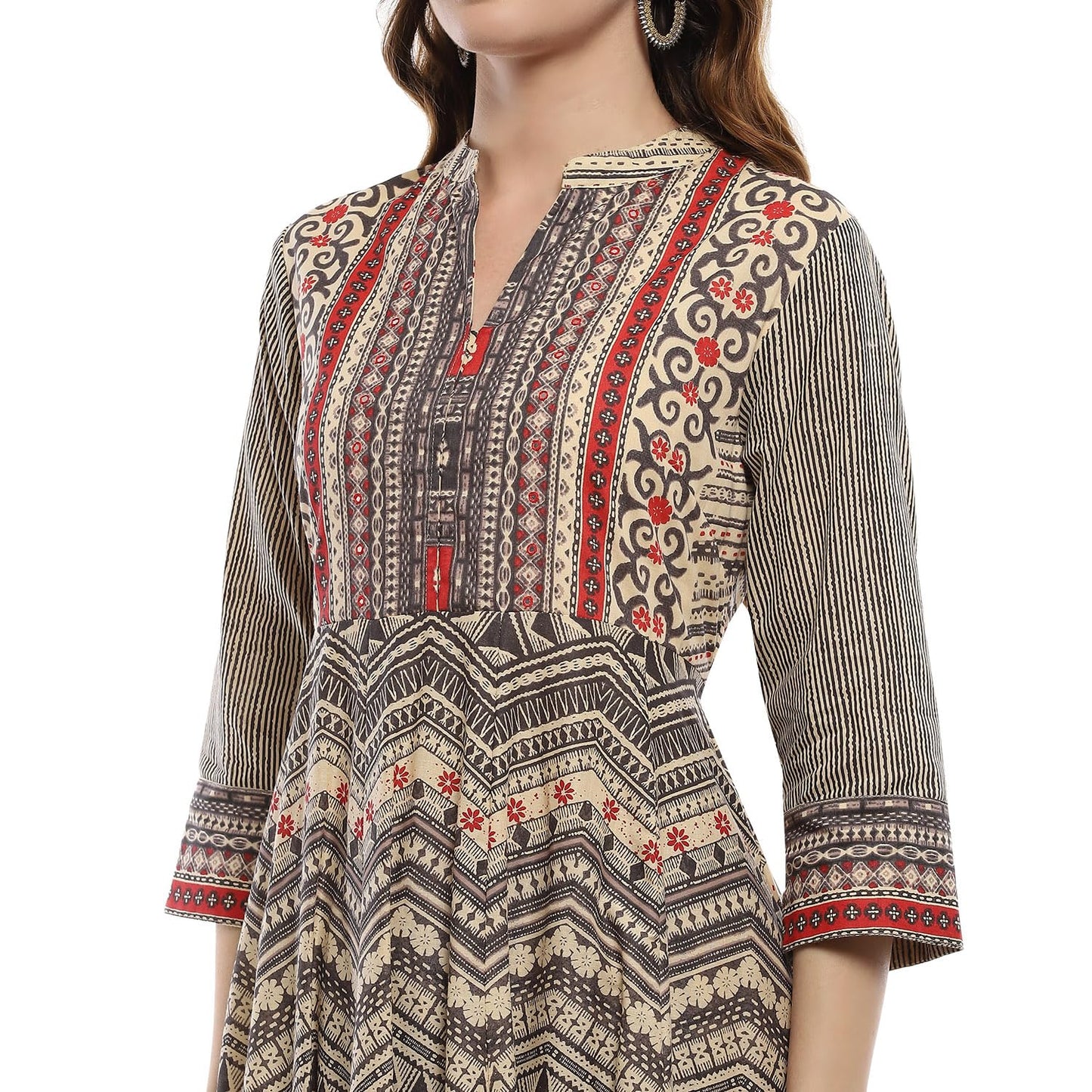 BIBA Women's Beige Cotton Anarkali Suit Set (SKD9727SS24BEG