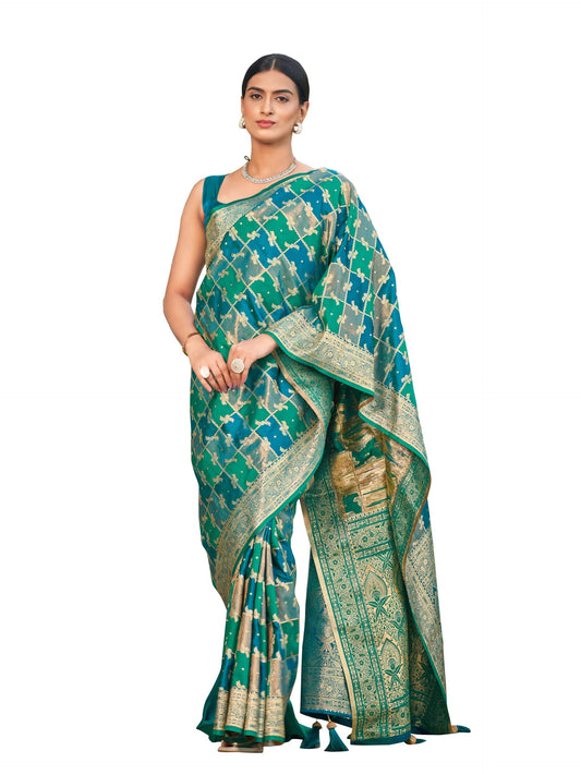 MANOHARI Women's Most Trendy Banarasi Satin Silk Woven Turquiose Blue Saree With Heavy Jacquard Work Saree With Blouse Piece_MN2051