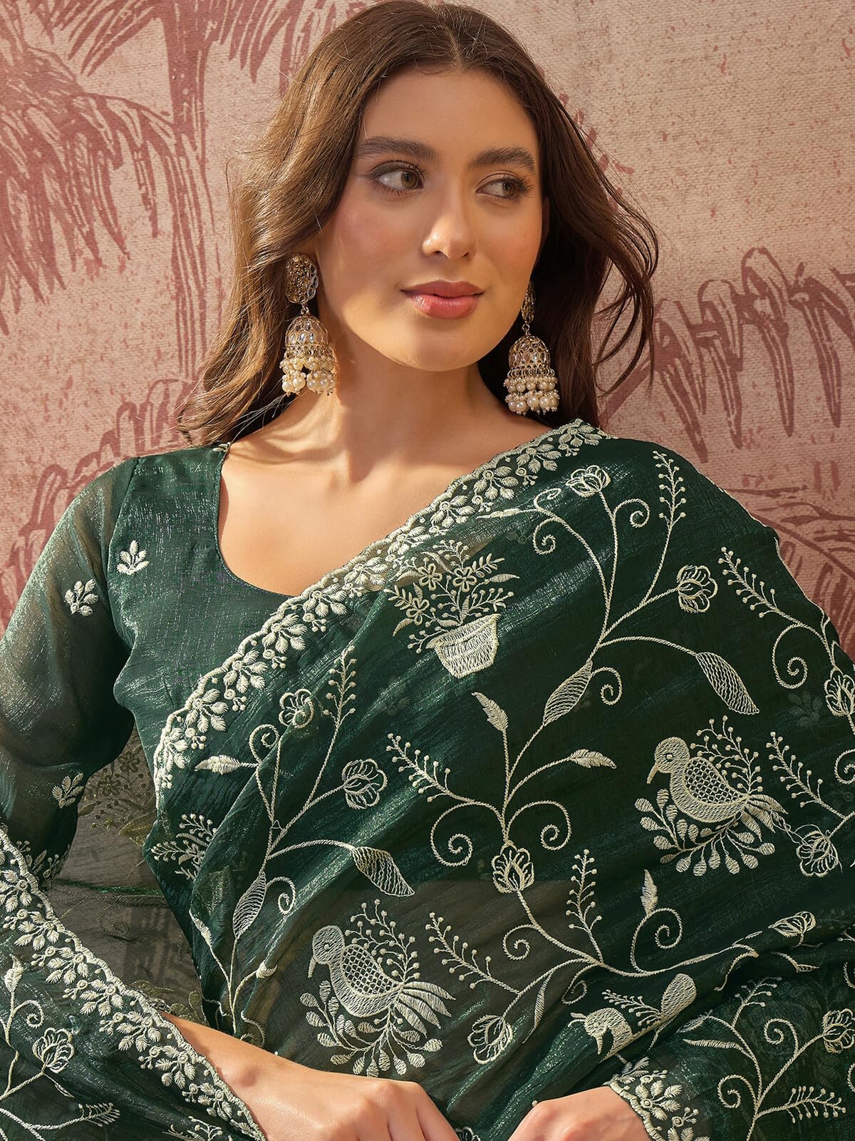 SIRIL Women's Shimmer Chiffon Scalloped Border Embroidery Saree with Unstitched Blouse Piece (5312S202_Dark Green)
