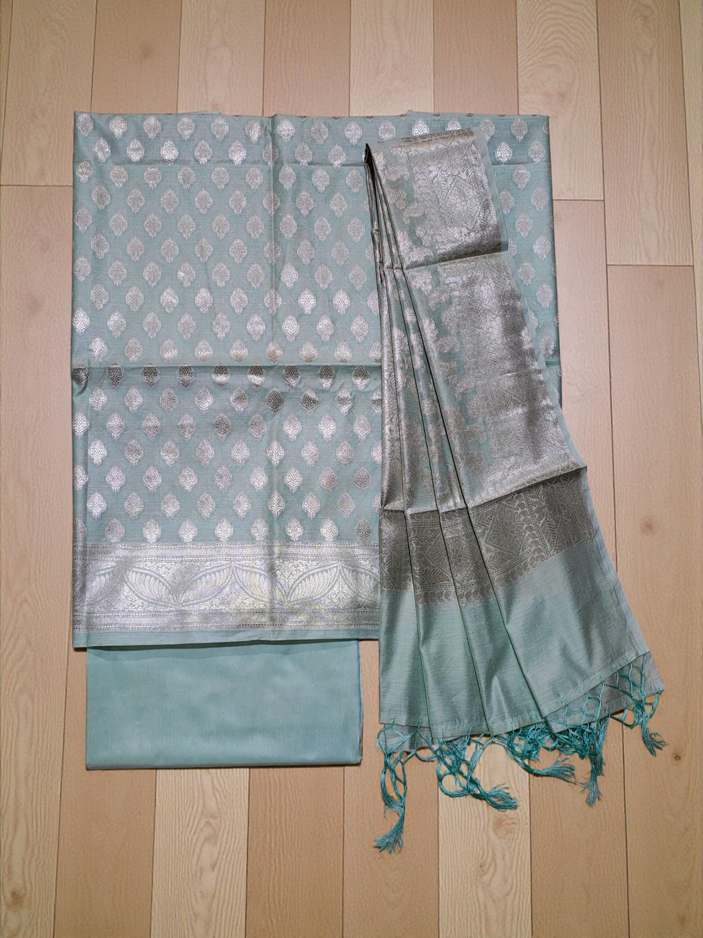 Ivikta Banarasi Silk Unstitched Salwar Suit Set with Dupatta for Women | Rajasthani Silk Dress Material (Firoza)
