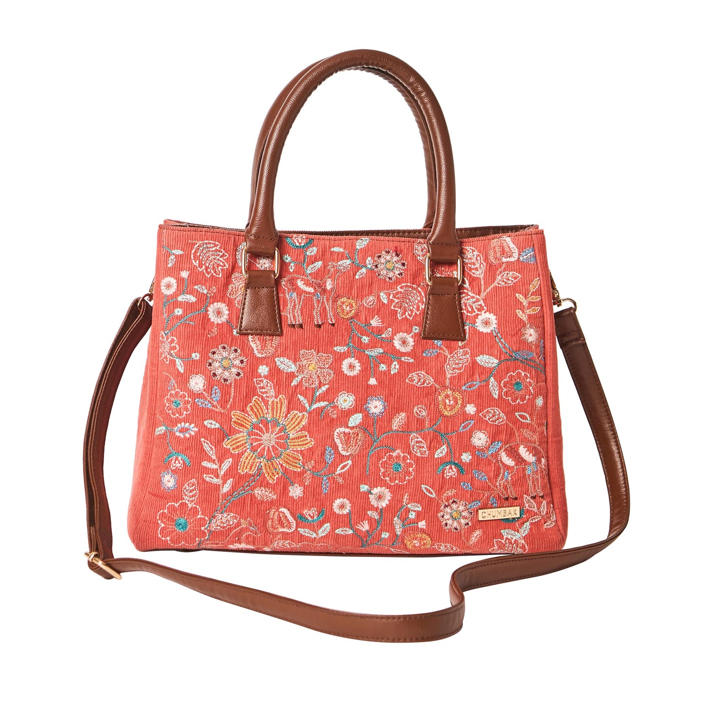 Chumbak Marrakesh Tote Bag, 7.8L, Red, Corduroy Outer with Polyester Lining, Everyday Handbag with Kashmiri Motif, Kashmir Trails Collection