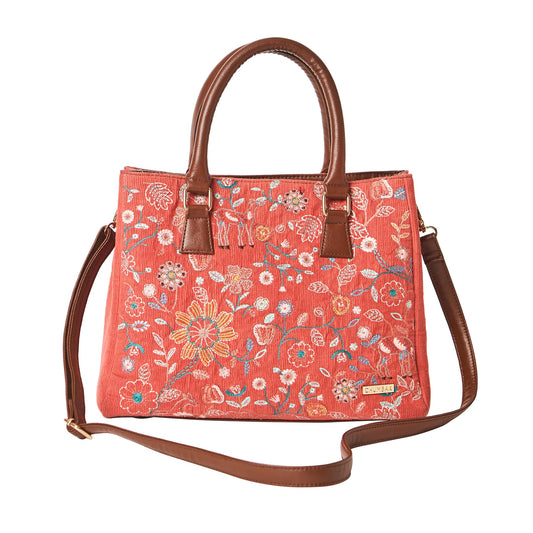 Chumbak Marrakesh Tote Bag, 7.8L, Red, Corduroy Outer with Polyester Lining, Everyday Handbag with Kashmiri Motif, Kashmir Trails Collection