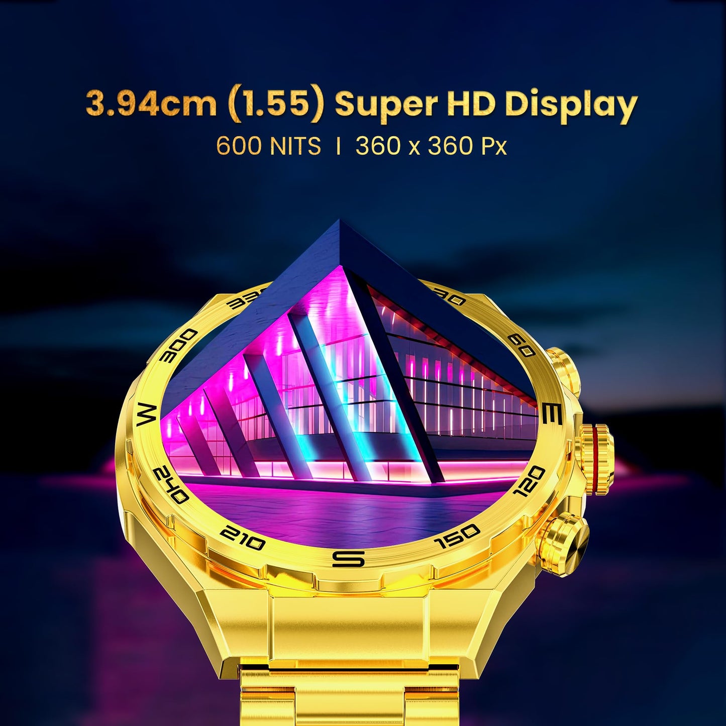 (Refurbished) GIZMORE IKON Luxe 3.93cm (1.55) FHD Display | AOD with 600 NITS I Active Crown & 3 Buttons Control | IP68 | Zinc Alloy Metal Body | 15 Days Battery & 120 Sport Modes I BT Calling Smartwatch (Gold)