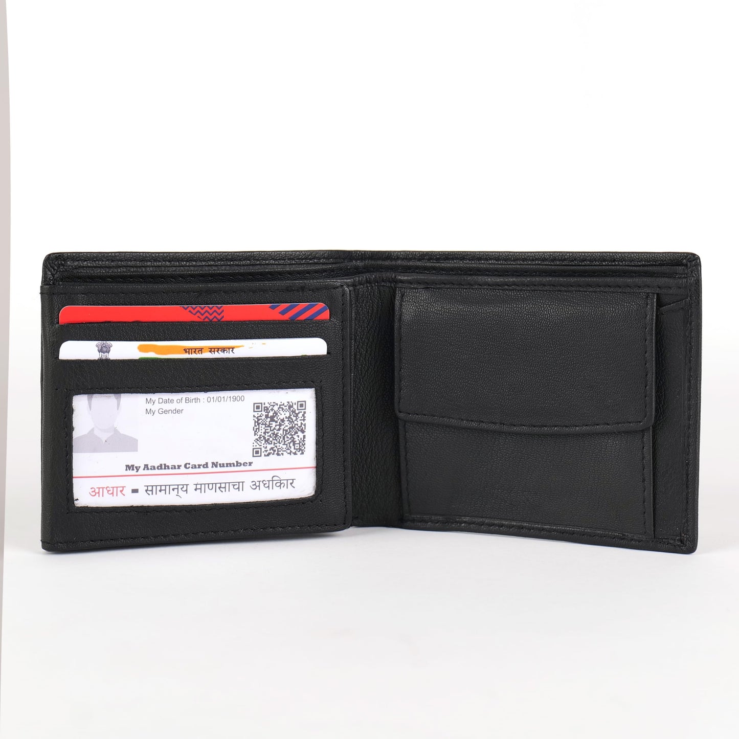 KARA Black Men's Genuine Leather Wallet – Bifold, 2 Cash Compartments, Coin Pocket, 10+ Card Slots, Hidden & Transparent Flip Sections