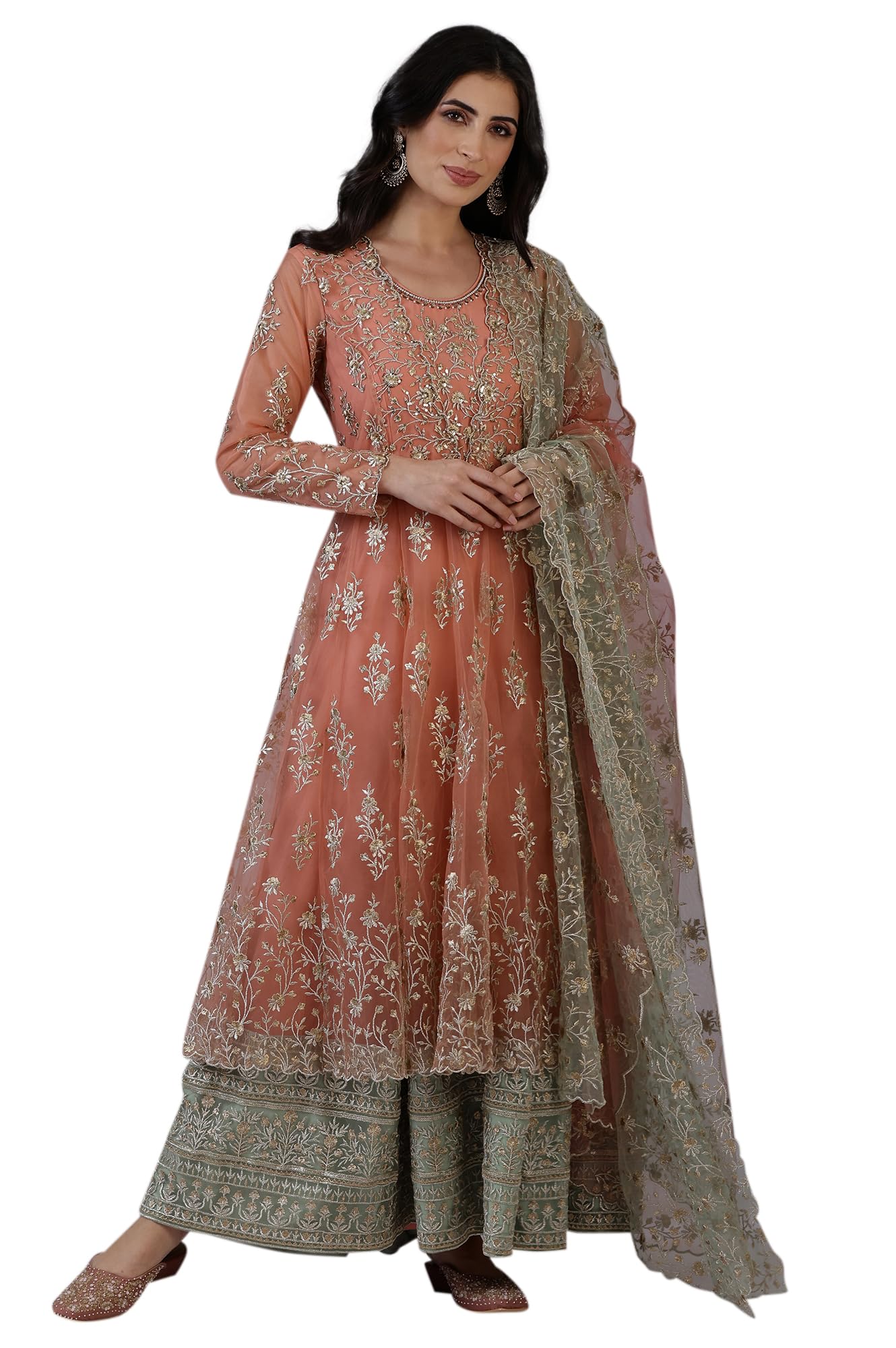 W for Woman Peach and Green Ombre Heavy Metallic Embroidered Layered Dress and Dupatta Set (Size: XS)-24AUSP11987-400734