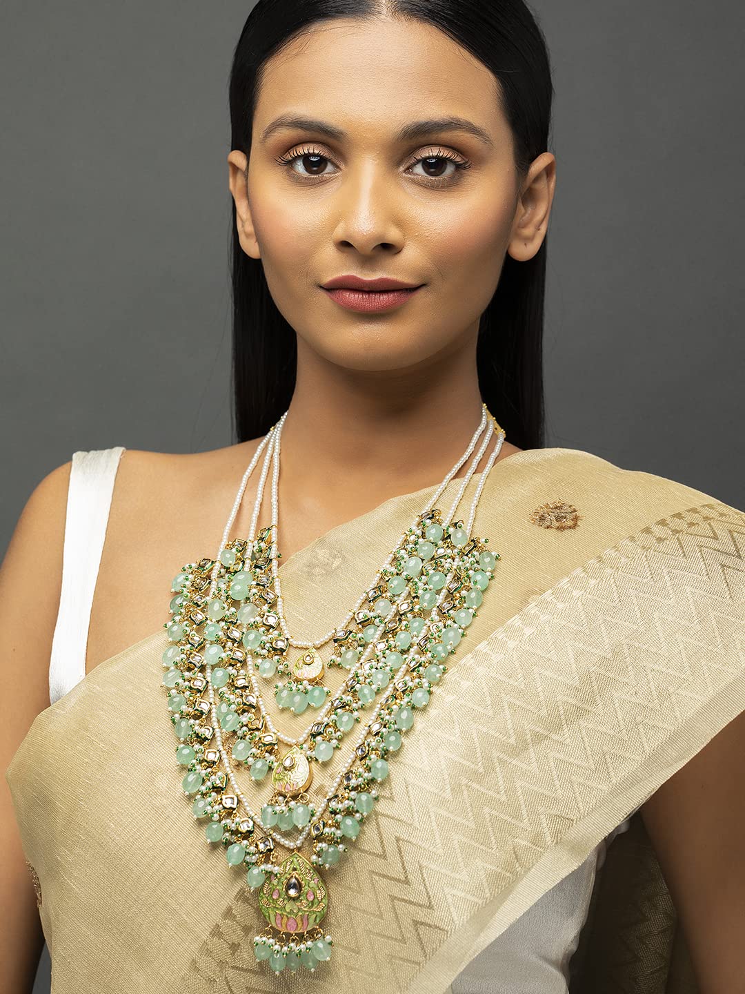 Priyaasi Sea Green Studded Buds Beaded Multilayer Gold-Plated Jewellery Set For Women