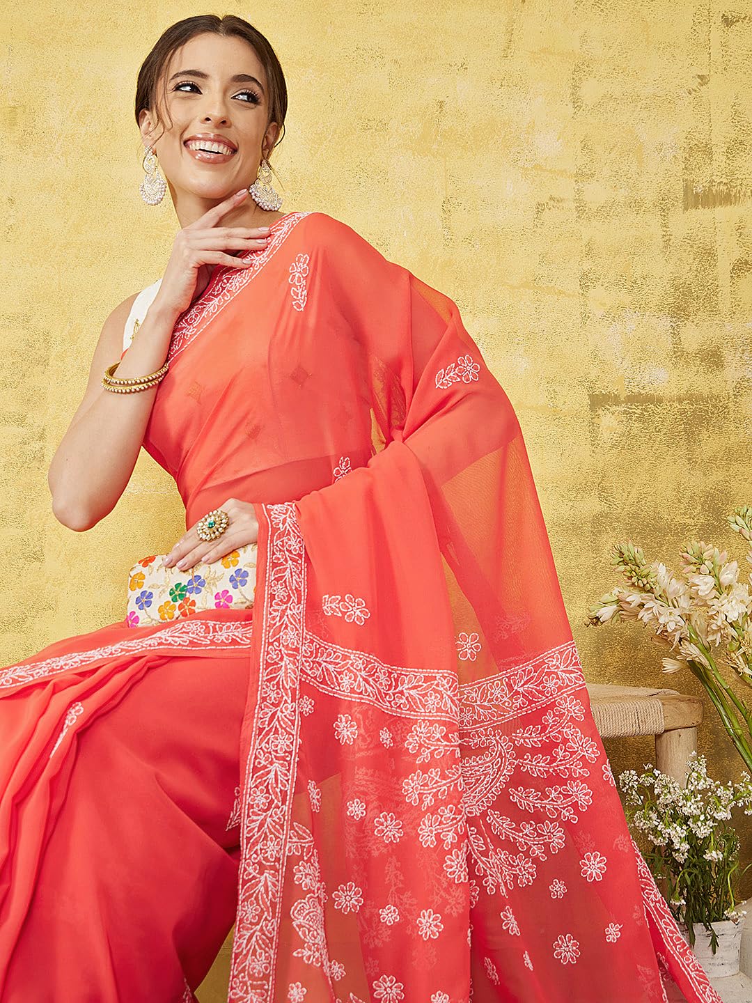 Ada Women's Hand Embroidered Lucknow Chikan Faux Georgette Saree with Blouse A219386 Carrot Pink