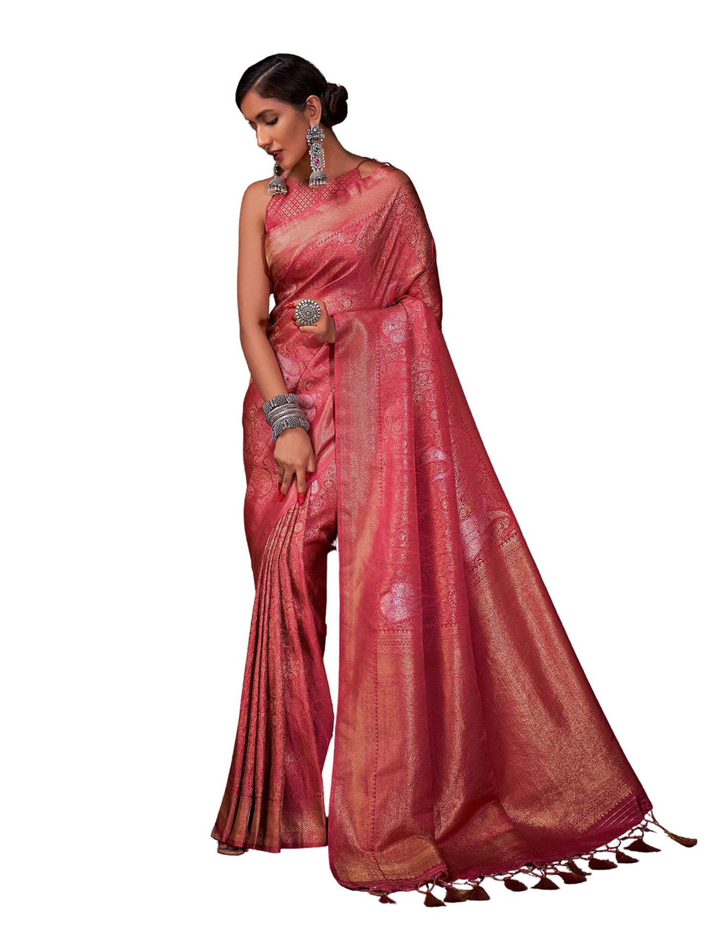 Vardha Women's Kanchipuram Art Silk Saree with Unstitched Blouse Piece - Gold Copper Silver Zari Woven Work Sarees (Ayana Silk_537)