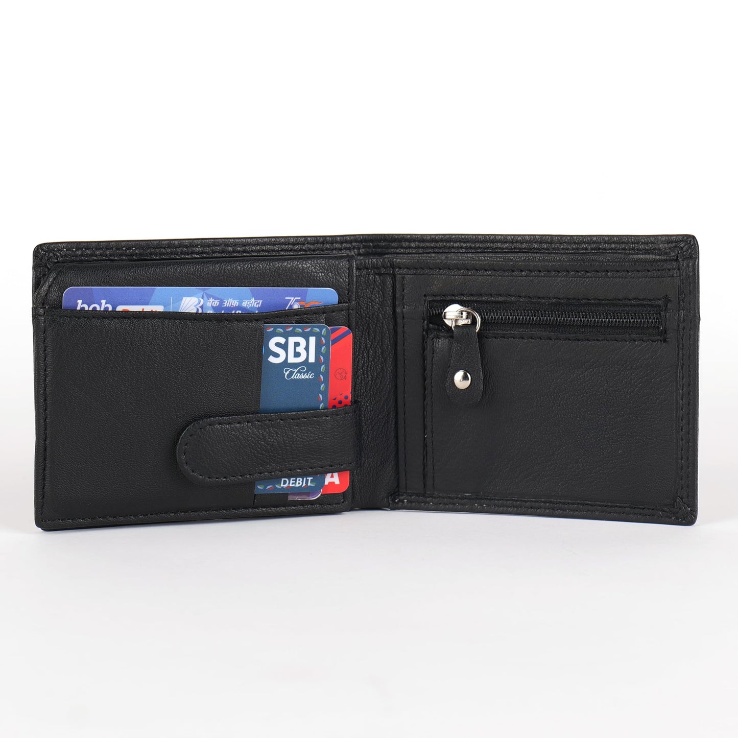 KARA Premium Men's Genuine Leather Wallet – Sleek Black with Zipper Coin Pocket, 2 Cash Compartments, 7 Card Slots & Transparent ID Slot