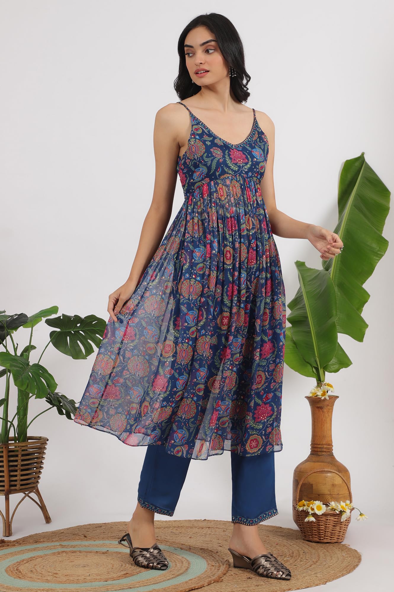 W for Woman Blue Floral Printed Chiffon Spaghetti Gathered Kurta, Pants and Dupatta Set (Size: L)-WS12126-123945