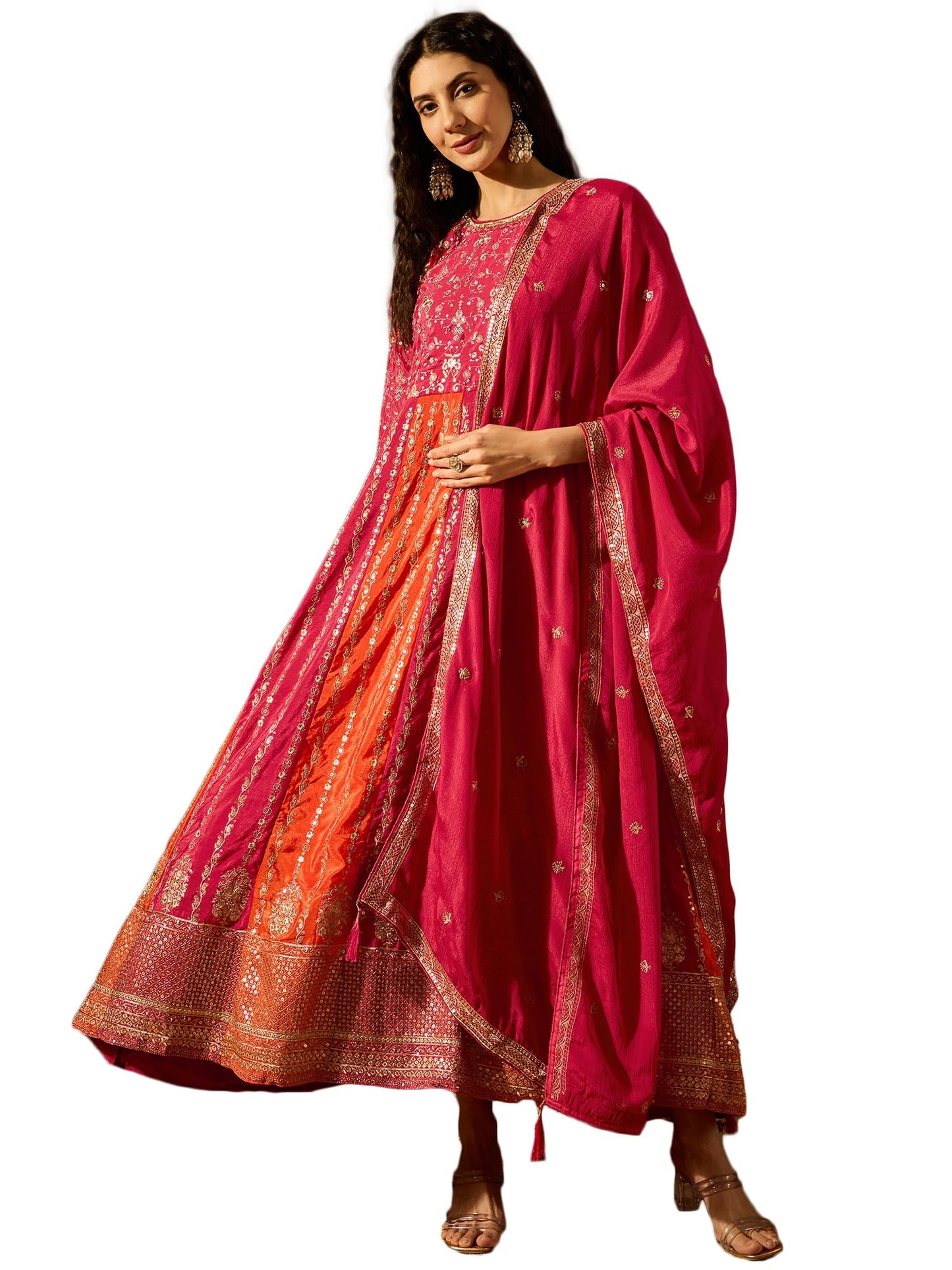 Miss Ethnik Women's Pink Chinon Stitched Gown With Dupatta 3/4 Sleeve Embroidered Anarkali Gown (MEY-1231-Pink-L)
