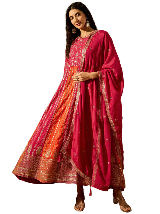 Miss Ethnik Women's Pink Chinon Stitched Gown With Dupatta 3/4 Sleeve Embroidered Anarkali Gown (MEY-1231-Pink-L)