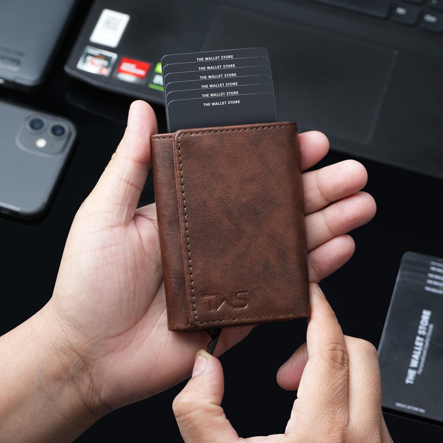 The Wallet Store Maverick RFID Protected Vegan Leather Wallet Cardholder | Pop-up Cardholder | Scan Proof Wallets for Men | Aluminium Case | Up to 8 Cards | Credit & Debit Cardholder (Brown)