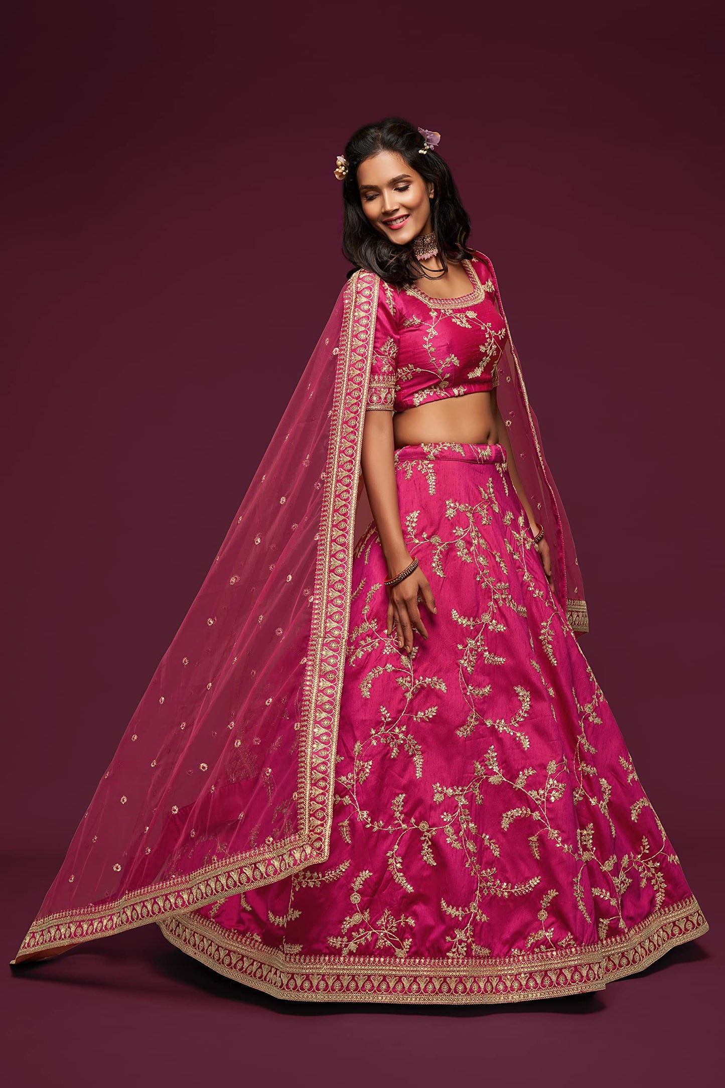 Zeel Clothing Women's Art Silk Semi-Stitched Lehenga Choli with Dupatta (7806-Pink-Wedding-Bridal-Latest-Lehenga; Free Size) (Pink)