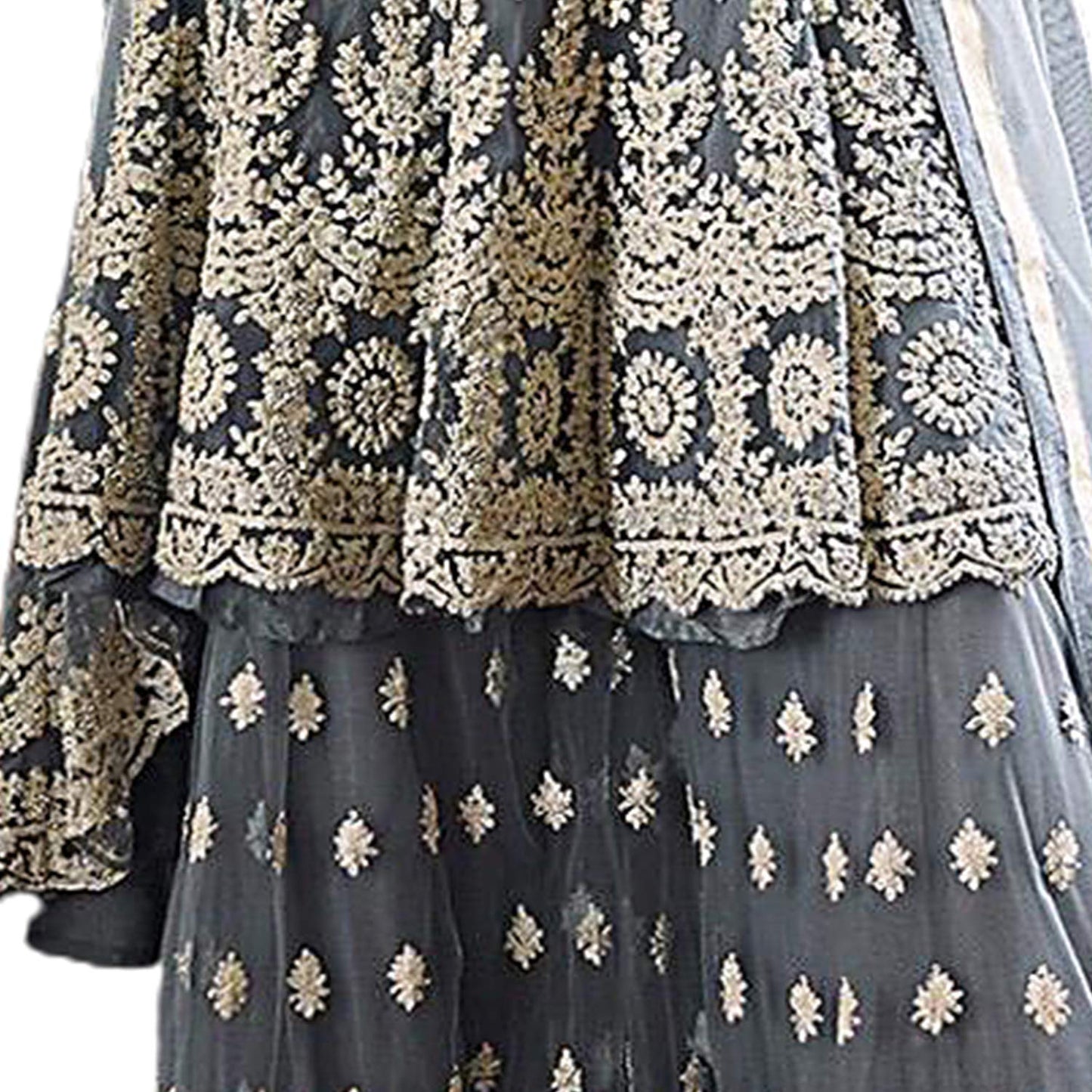 Miss Ethnik Women's Grey Semi Stitched Belly Sleeves Knee Long Gown With Palazzo And Net Duppata Free Size