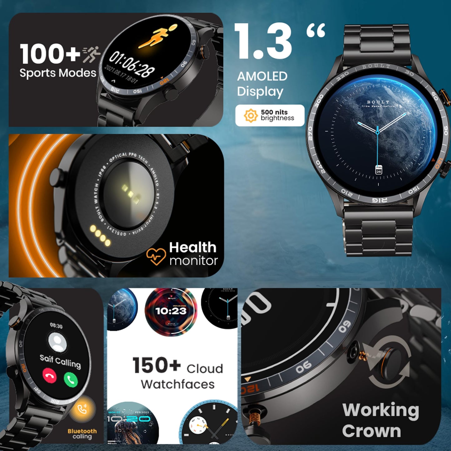 GOBOULT Newly Launched Crown R Pro Smart Watch 1.43''HD AMOLED, BT Calling, Working Crown, Zinc Alloy Frame, 600 Nits Brightness, AI Voice Assistant, SpO2 Monitoring, 120+ Sports Mode (Chrome Rig)