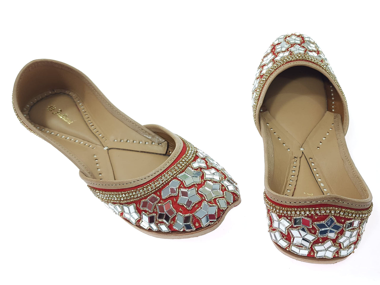Fulkari Women's Mirror Flower Genuine Soft Leather Embroidered Jutis | Bite and Pinch Free Jutti | Punjabi Formal Juttis | Girl's Wedding Flat Ladies Mojari | Formal Ethnic Juti |