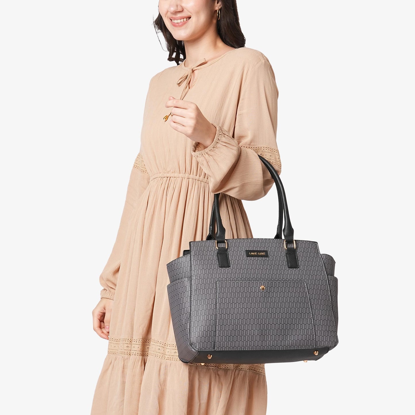 Lavie Luxe Women's Mono Kelly Monogram Print Tote Laptop Handbag for Women | Fits Upto 15 Inch Laptop | Tote Laptop Bag for Work | Ladies purse | Stylish Shoulder Bag | Gift For Women