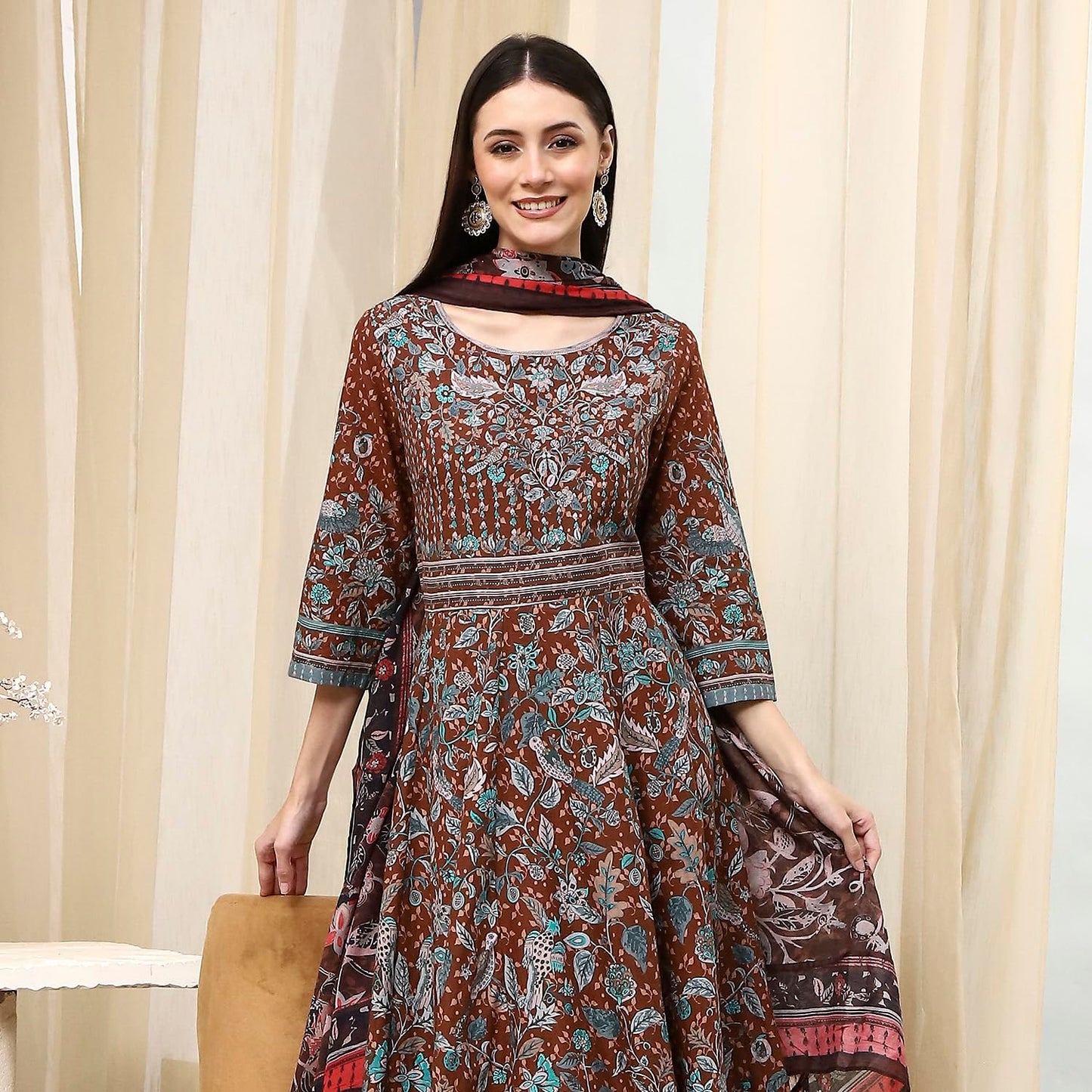 BIBA Women's 60'S Cambric Kurta Set (SKDKLMR8356ESS25BRN_Brown