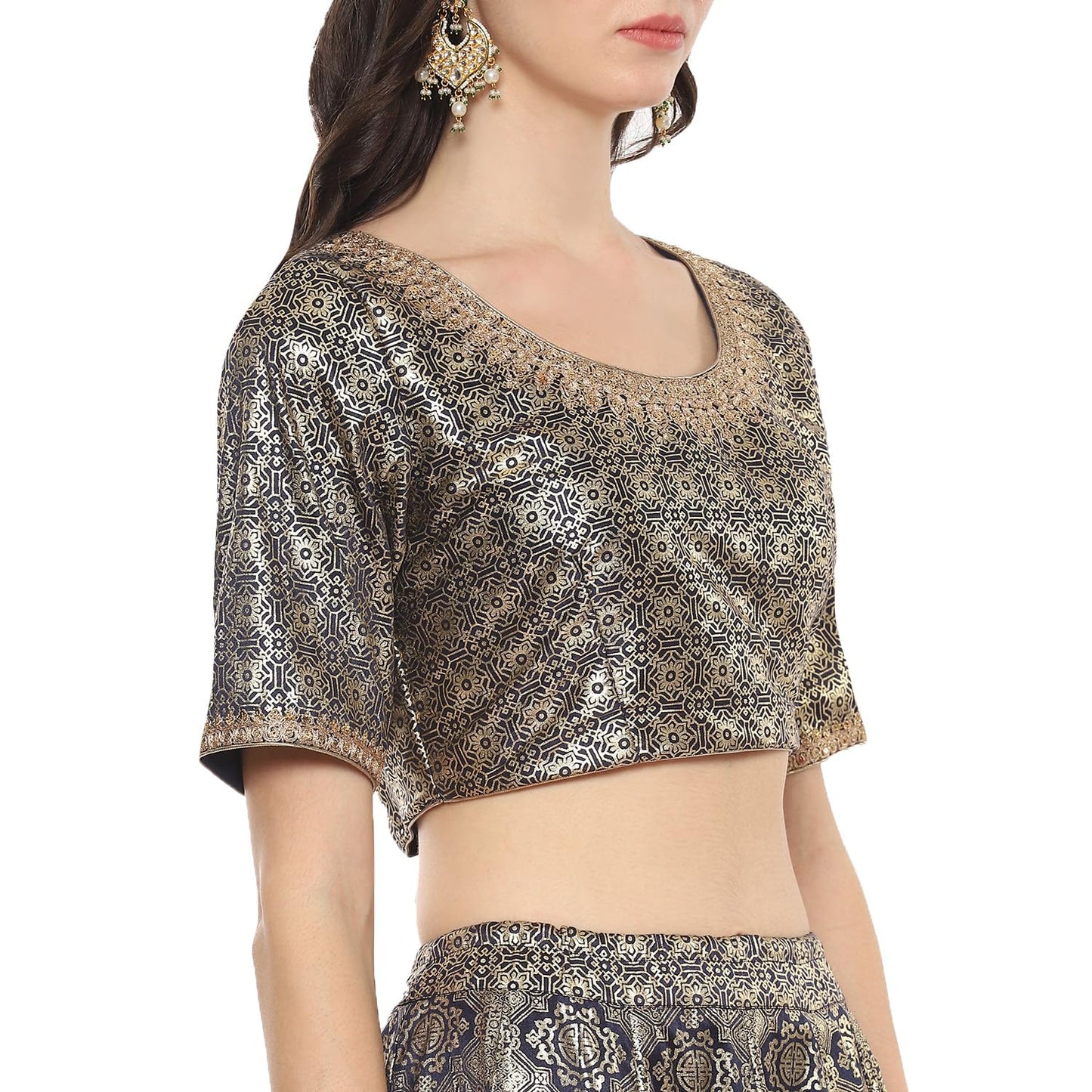 BIBA Women Printed Straight Polyester Readymade Lehenga Set (Skdassorted8935_Navy Blue_42)