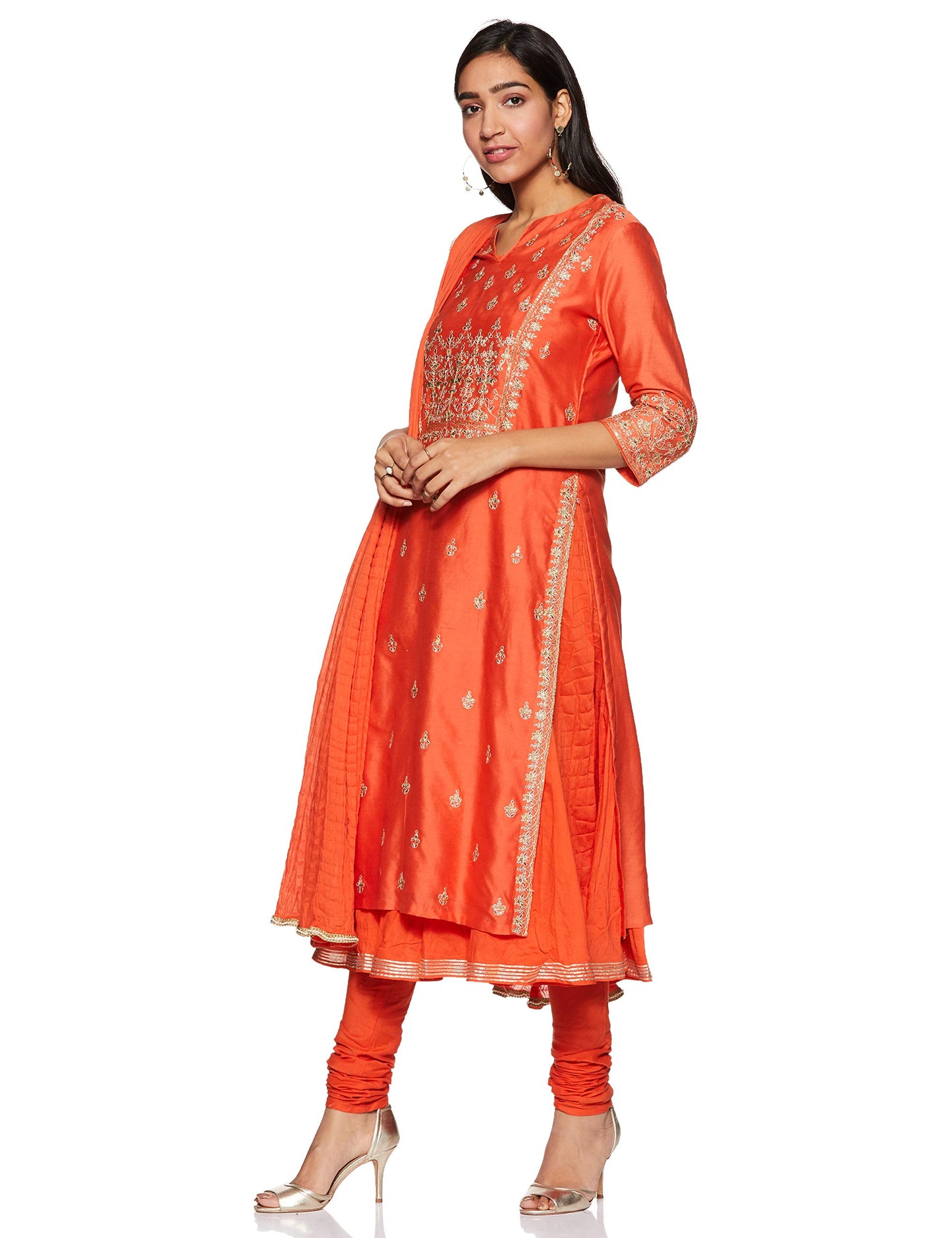 BIBA Women Synthetic YARNDYED FITTED SALWAR KURTA DUPATTA(SKDPRET COL6180_ORANGE_34)
