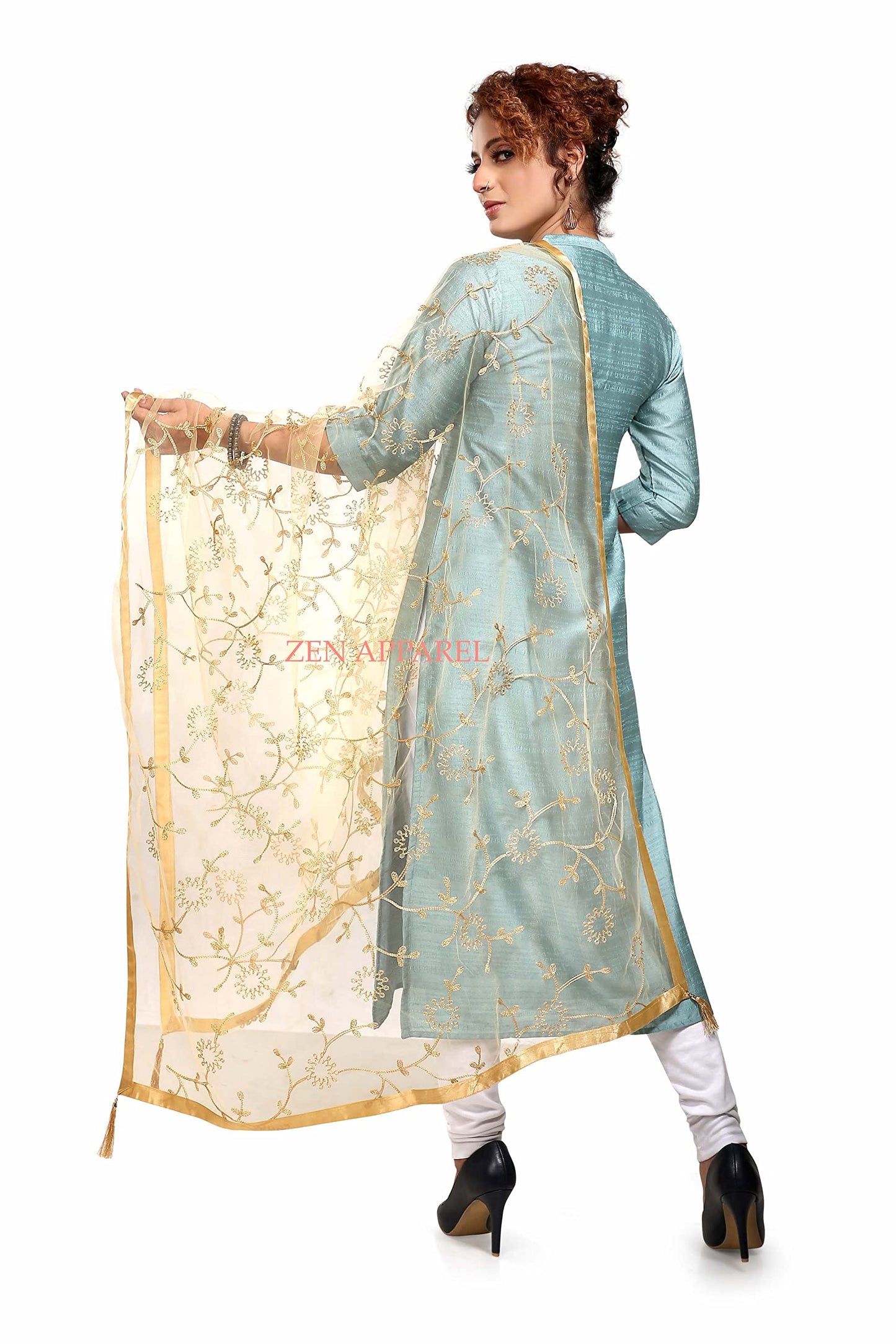 ZEN APPAREL Women's Embroidered Golden Net Dupatta With Lace Borders (Gold Z-101) (Gold)