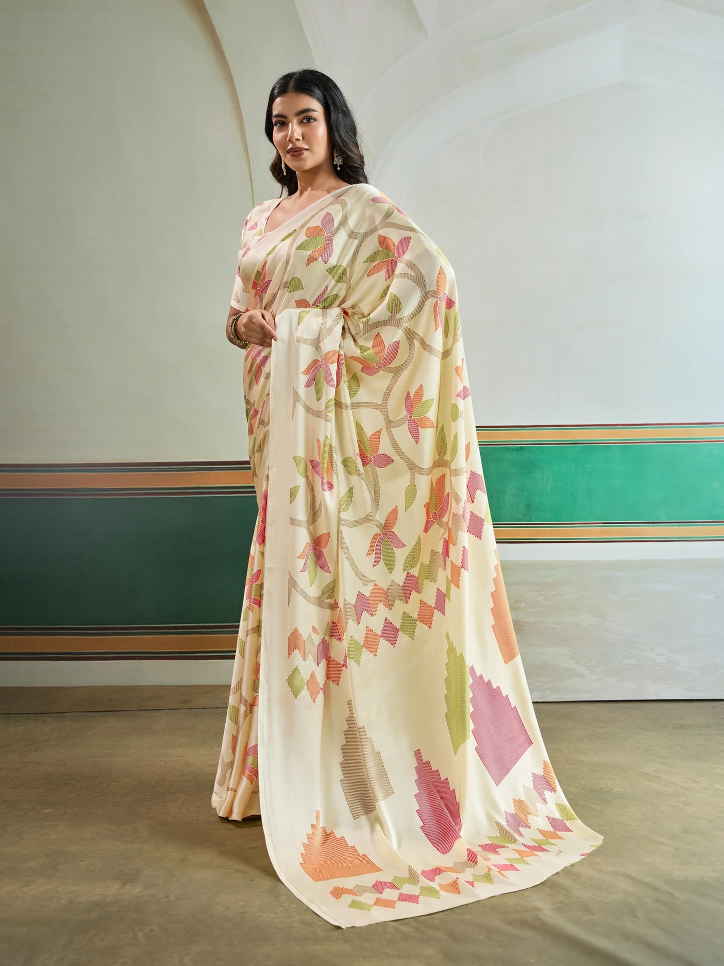 BRAHMAKHODAL Modal Silk Ajrakh Saree Traditional Ikkat Nakshi Digital Printed Designer Pallu Attach Blouse Piece (White2)
