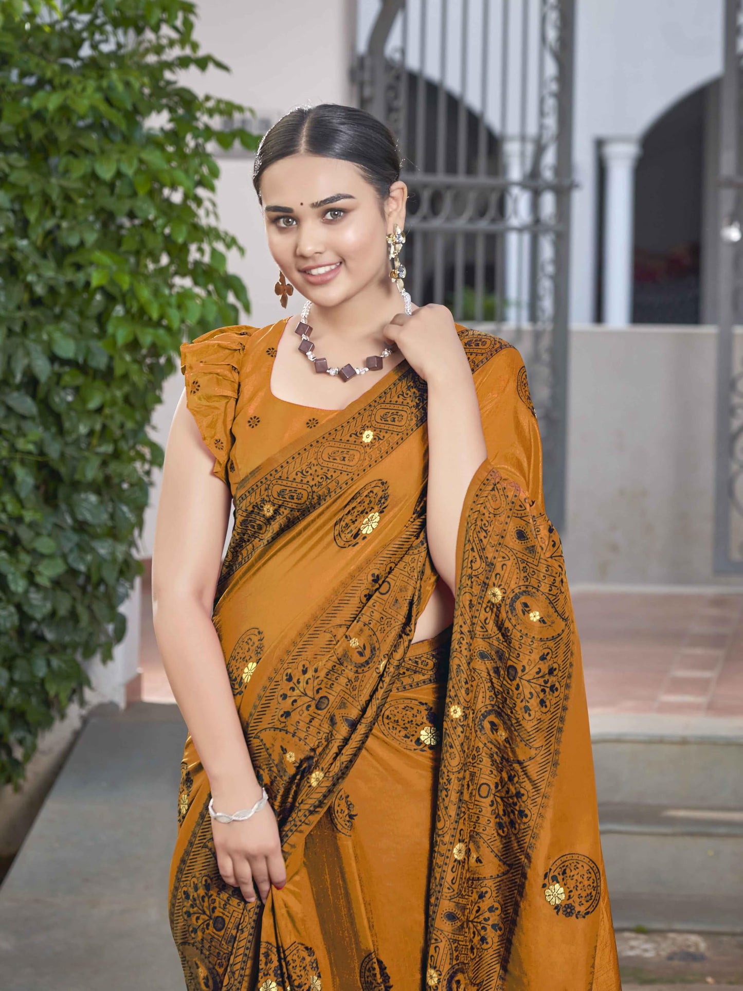 MANOHARI Womens Most Trendy Banarasi Woven Mustard Saree With Heavy Jacquard Work Saree With Blouse Piece